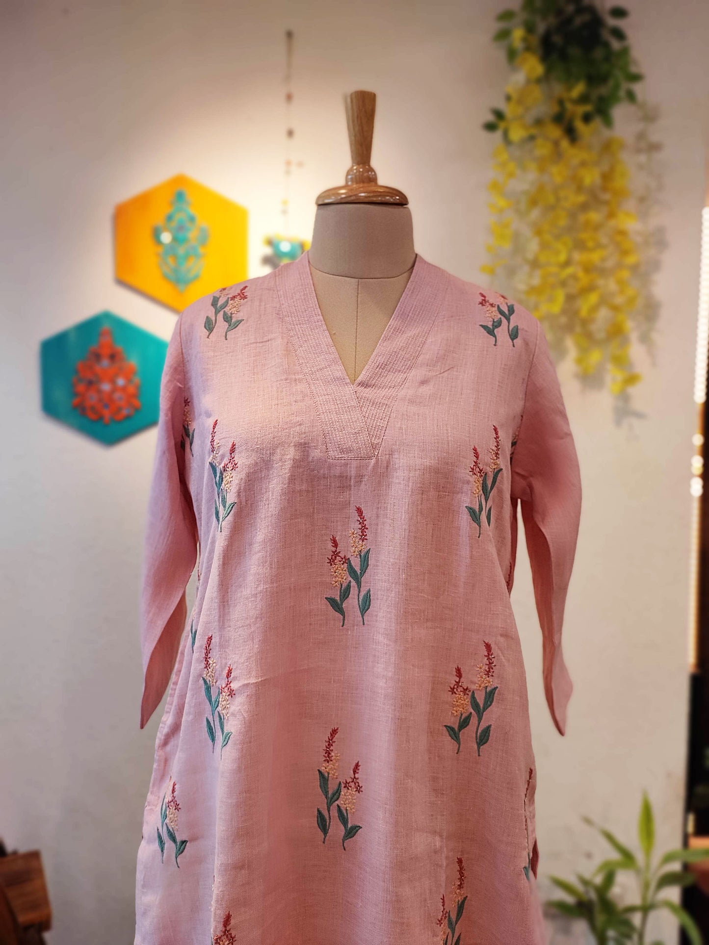 Peach Pure Linen Kurta with Embroidery