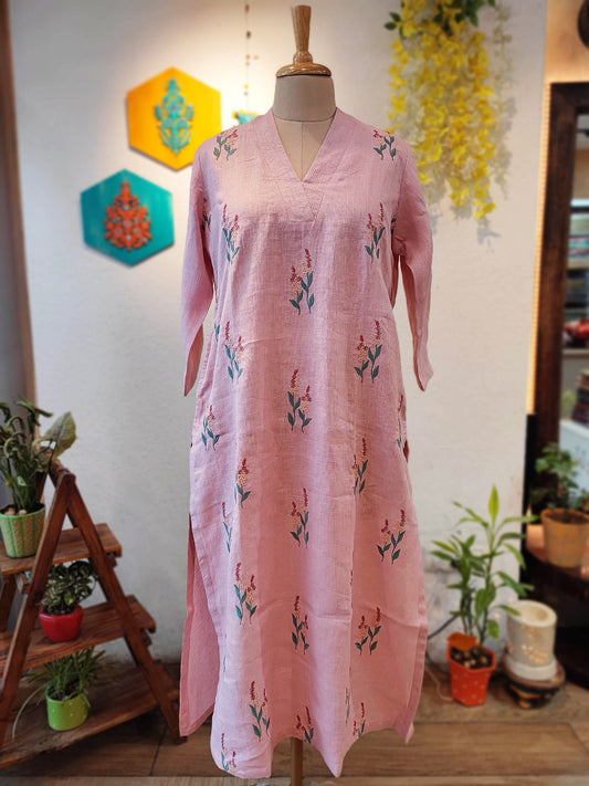 Peach Pure Linen Kurta with Embroidery