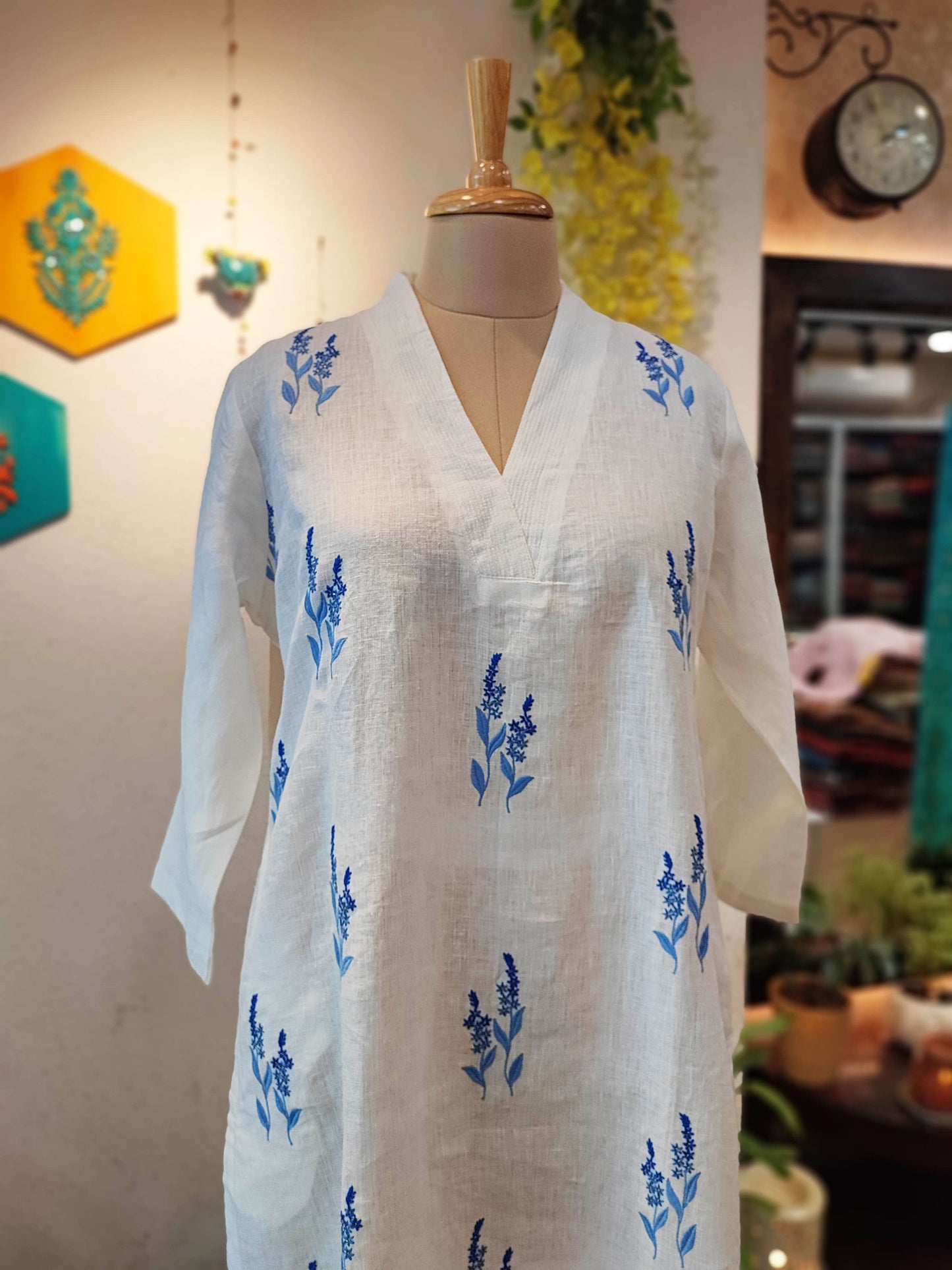 White Linen Kurta with Blue Embroidery