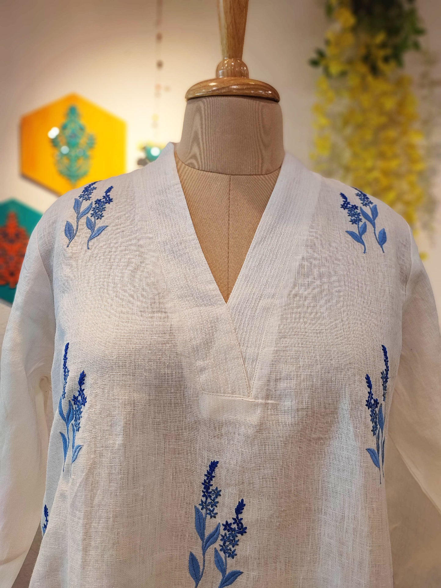 White Linen Kurta with Blue Embroidery