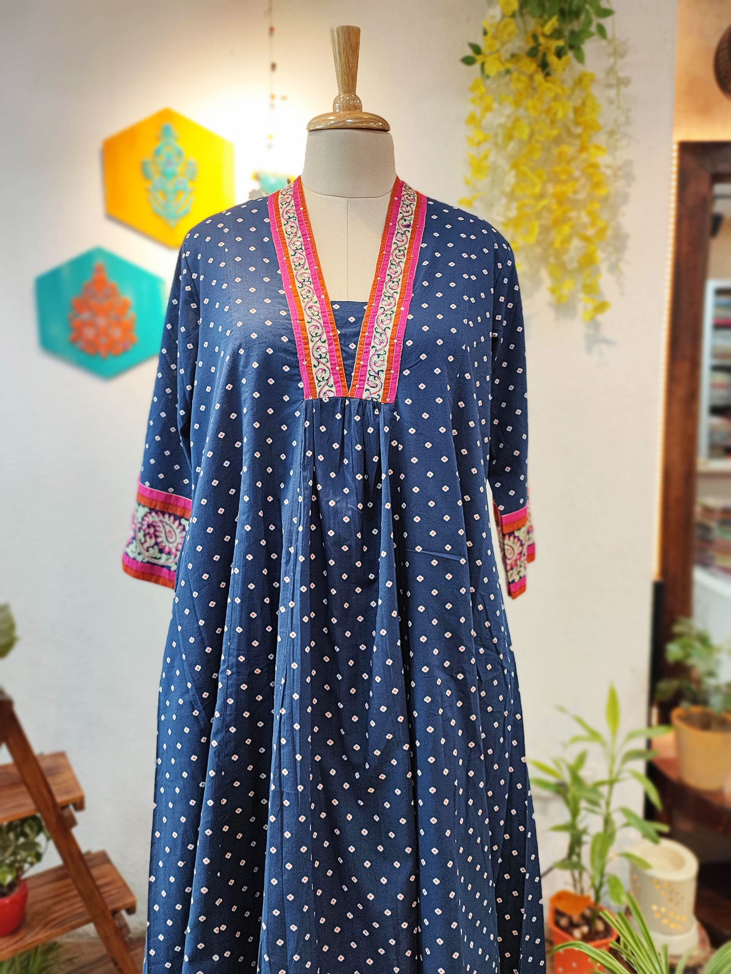 Lapis Blue Polka Dotted Pure Cotton Kurta Pant Set with Flared Plazzo