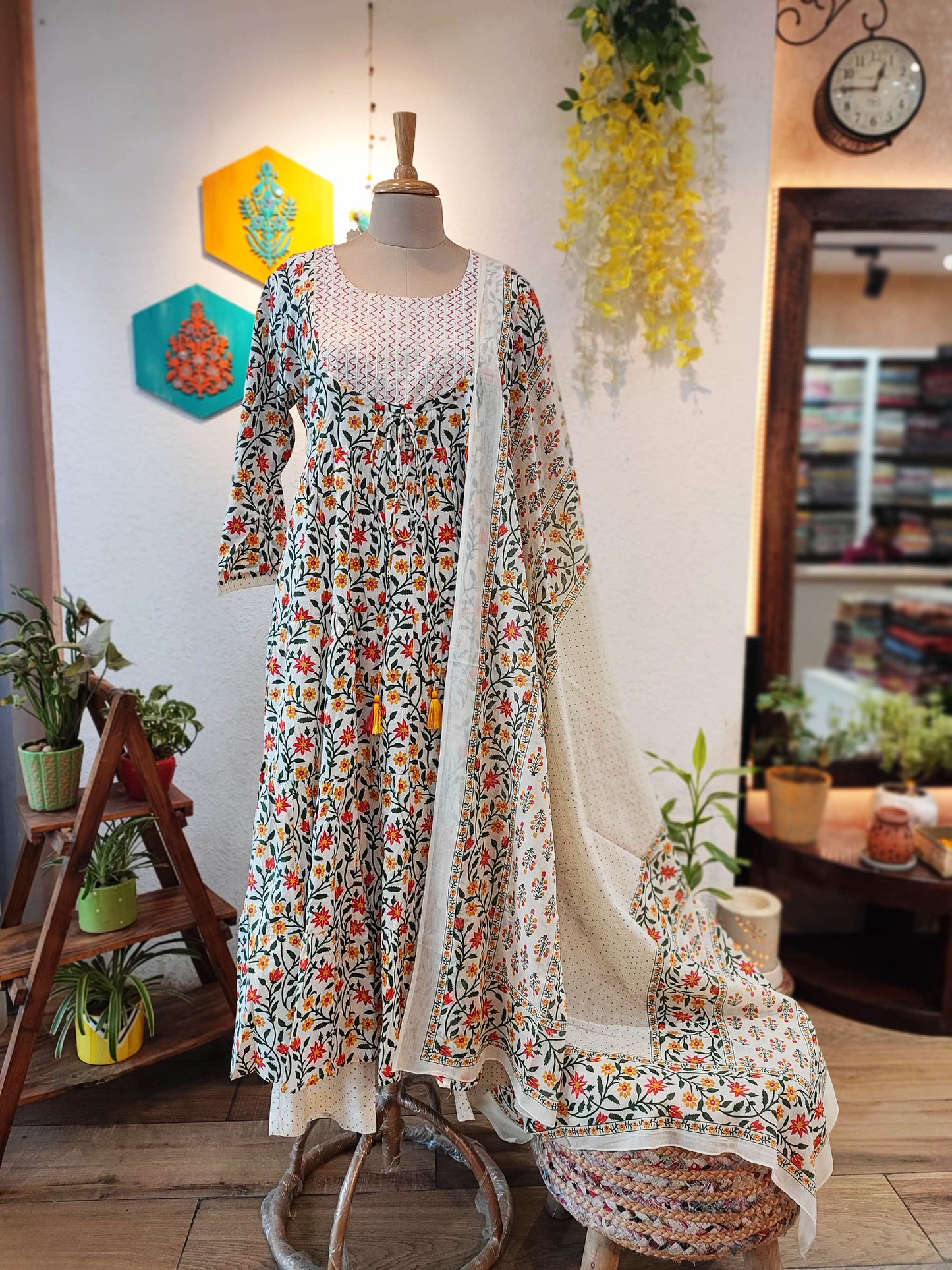 Off White Floral Print Pure Cotton Flared Suit with Plazzo and Dupatta