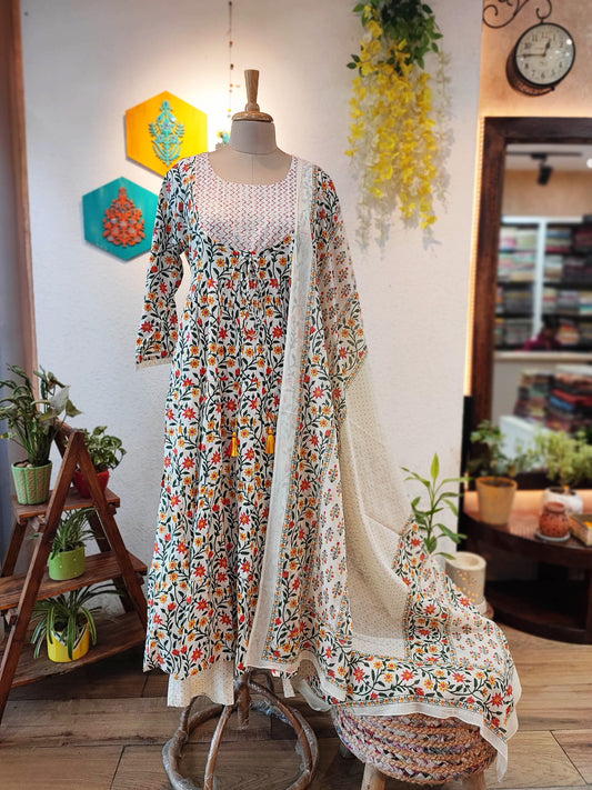 Off White Floral Print Pure Cotton Flared Suit with Plazzo and Dupatta