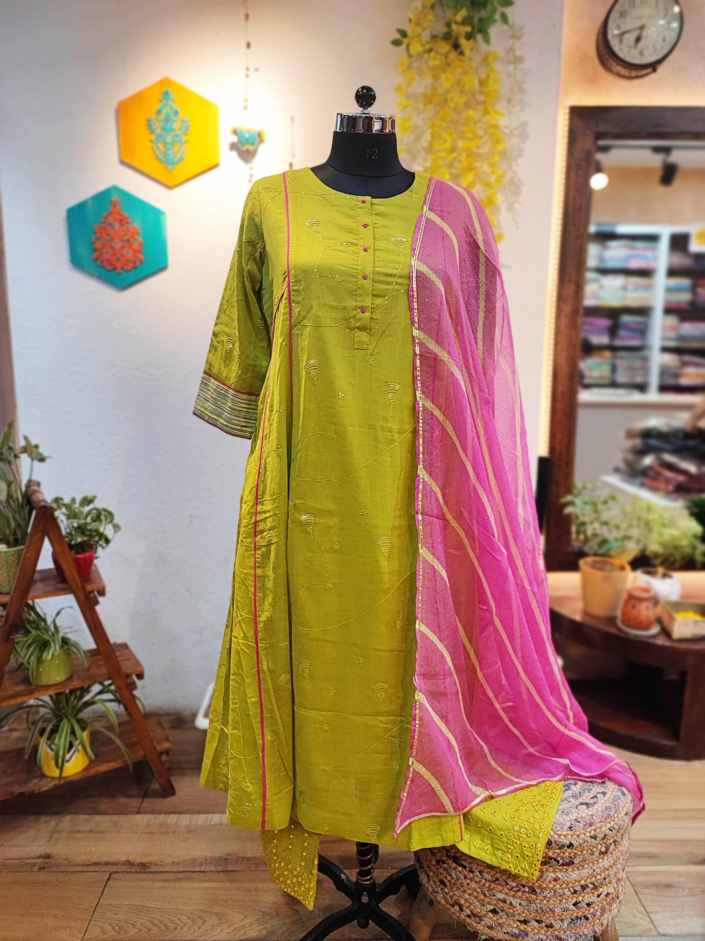 Lime Green Cotton Chanderi Flared Suit Set