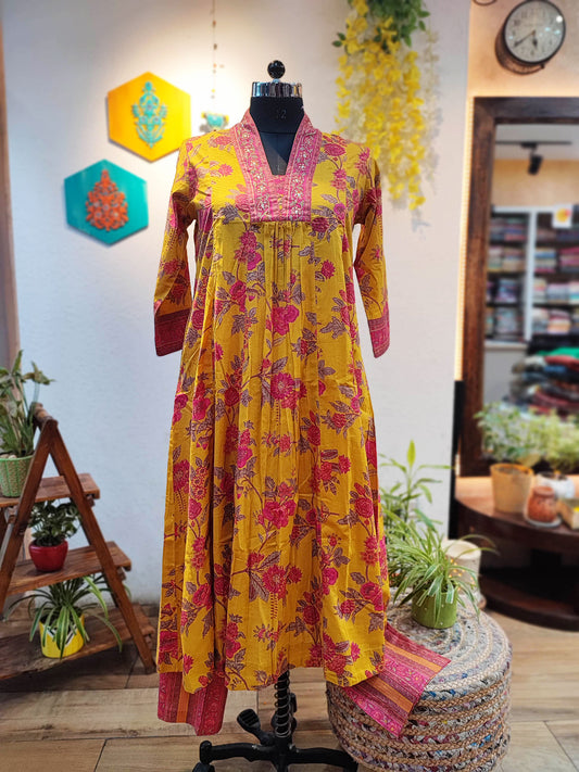 Mustard and Pink Floral Pure Cotton Kurta Pant Set with Flared Plazzo