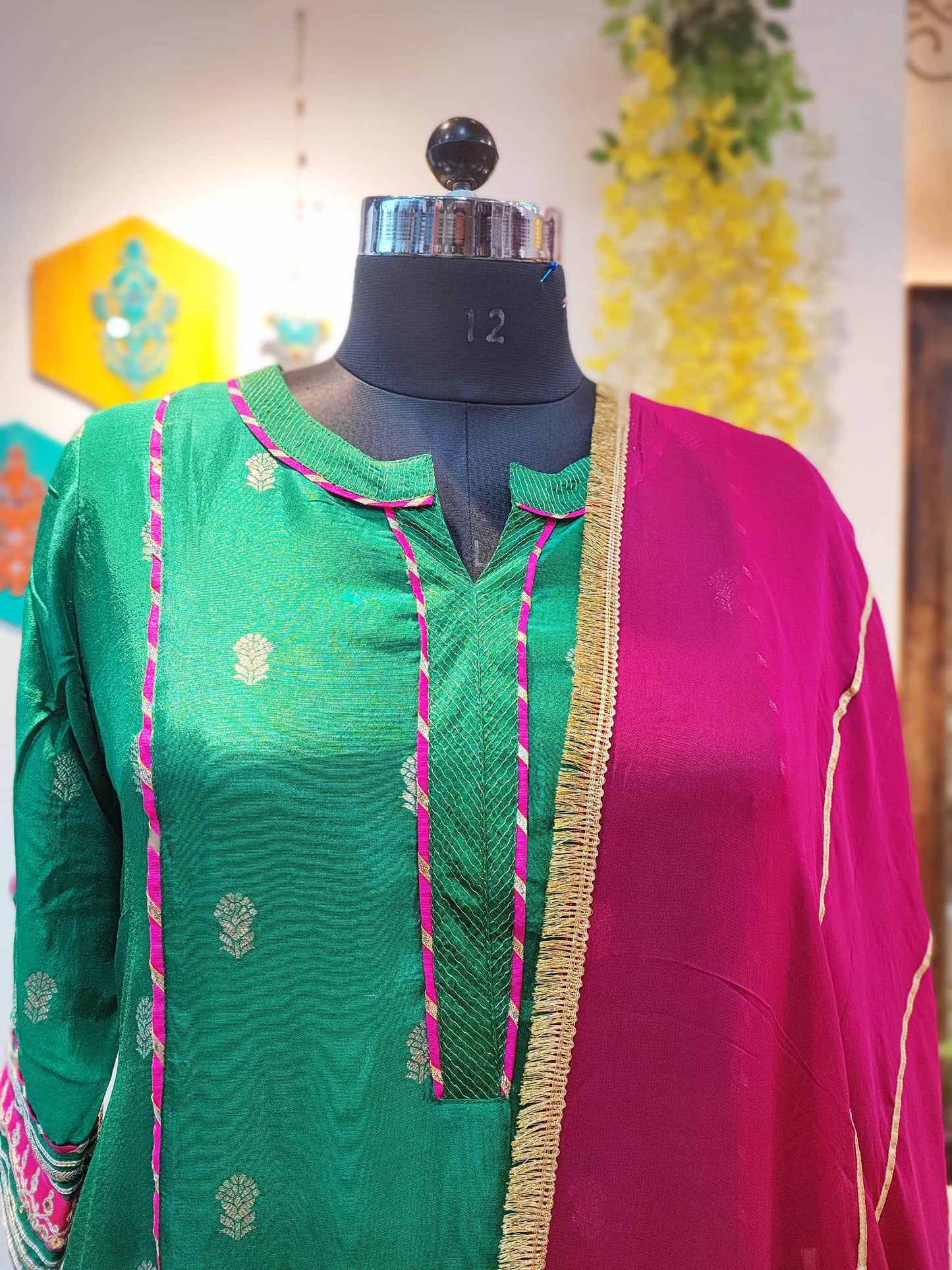 Emerald Green Dola Banarsi Silk Suit with Loose Fit Pant