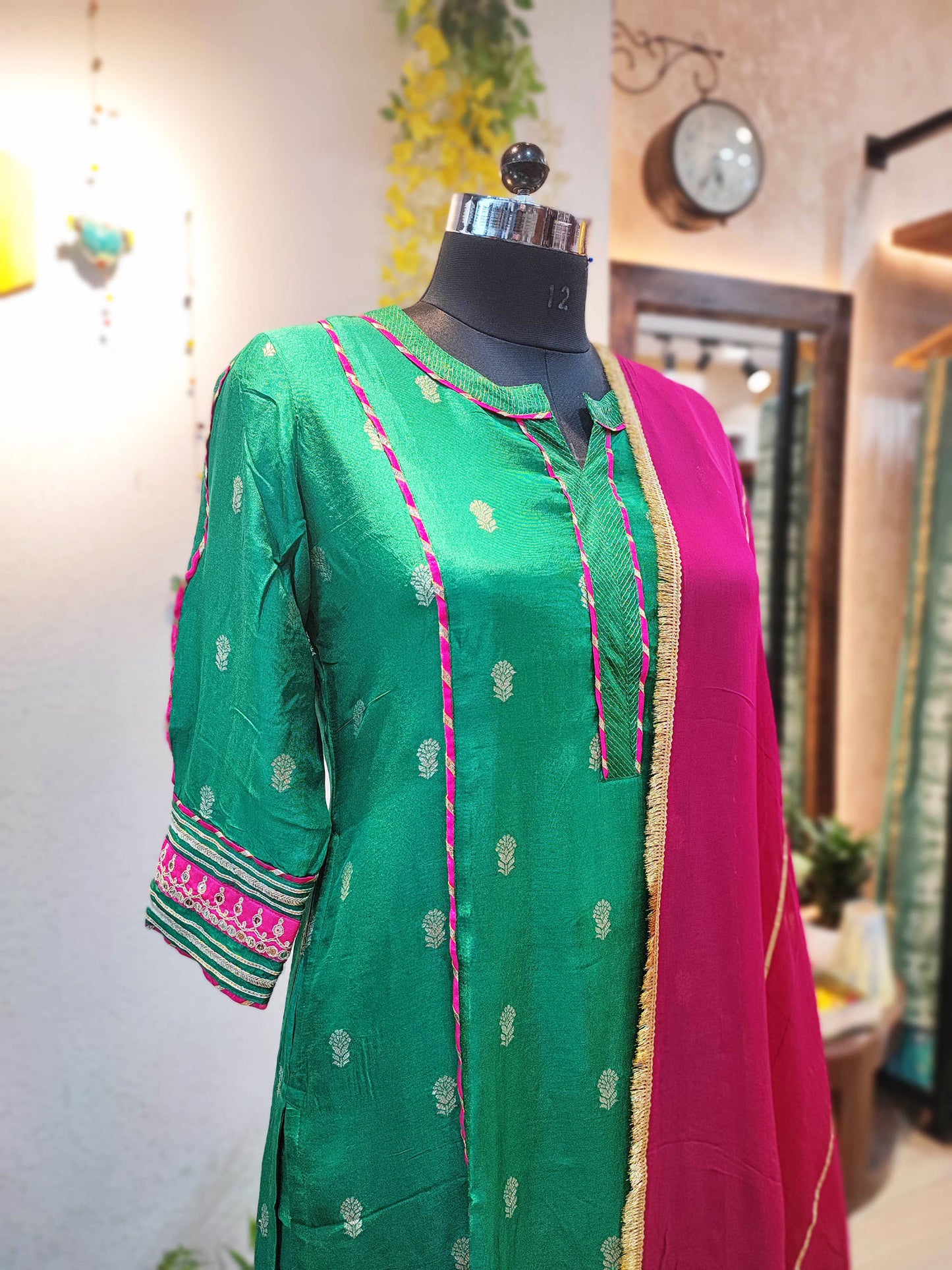 Emerald Green Dola Banarsi Silk Suit with Loose Fit Pant