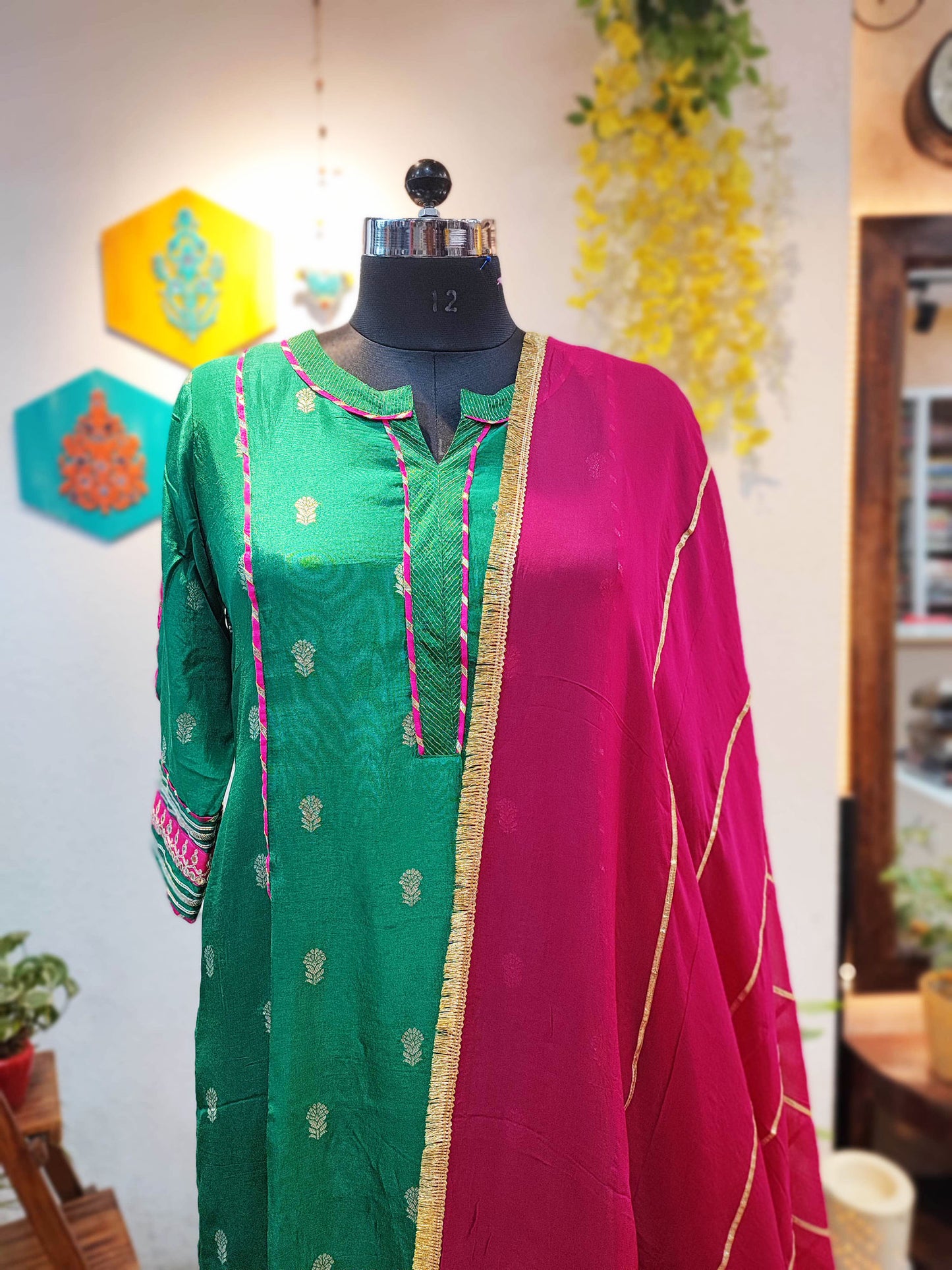 Emerald Green Dola Banarsi Silk Suit with Loose Fit Pant