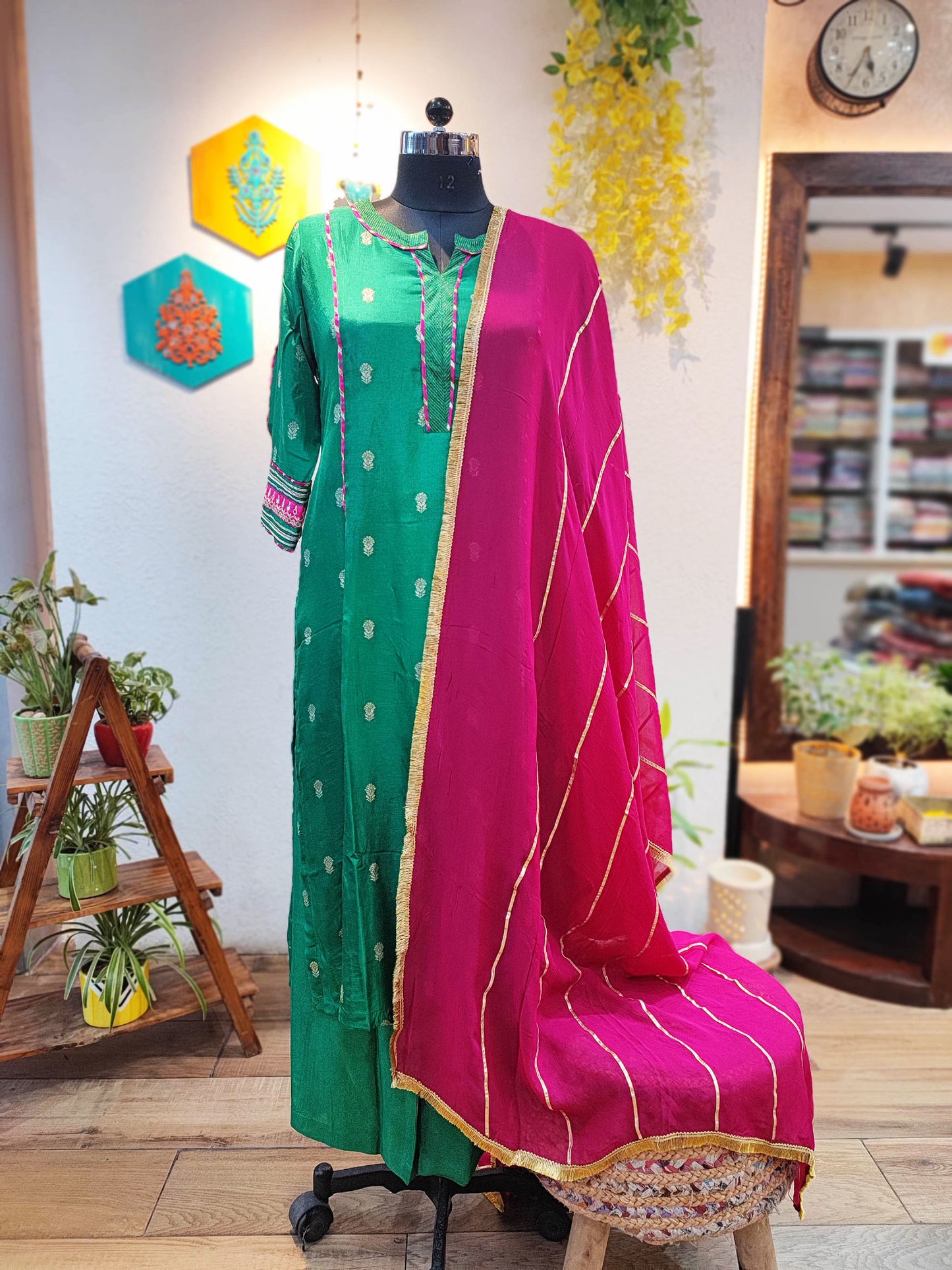 Emerald Green Dola Banarsi Silk Suit with Loose Fit Pant