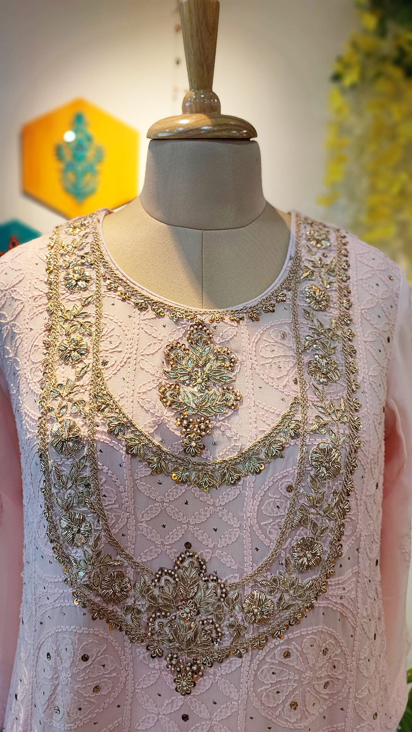 Baby Pink Pure Georgette Lucknowi Suit With Intricate Handwork on Kurta Neckline