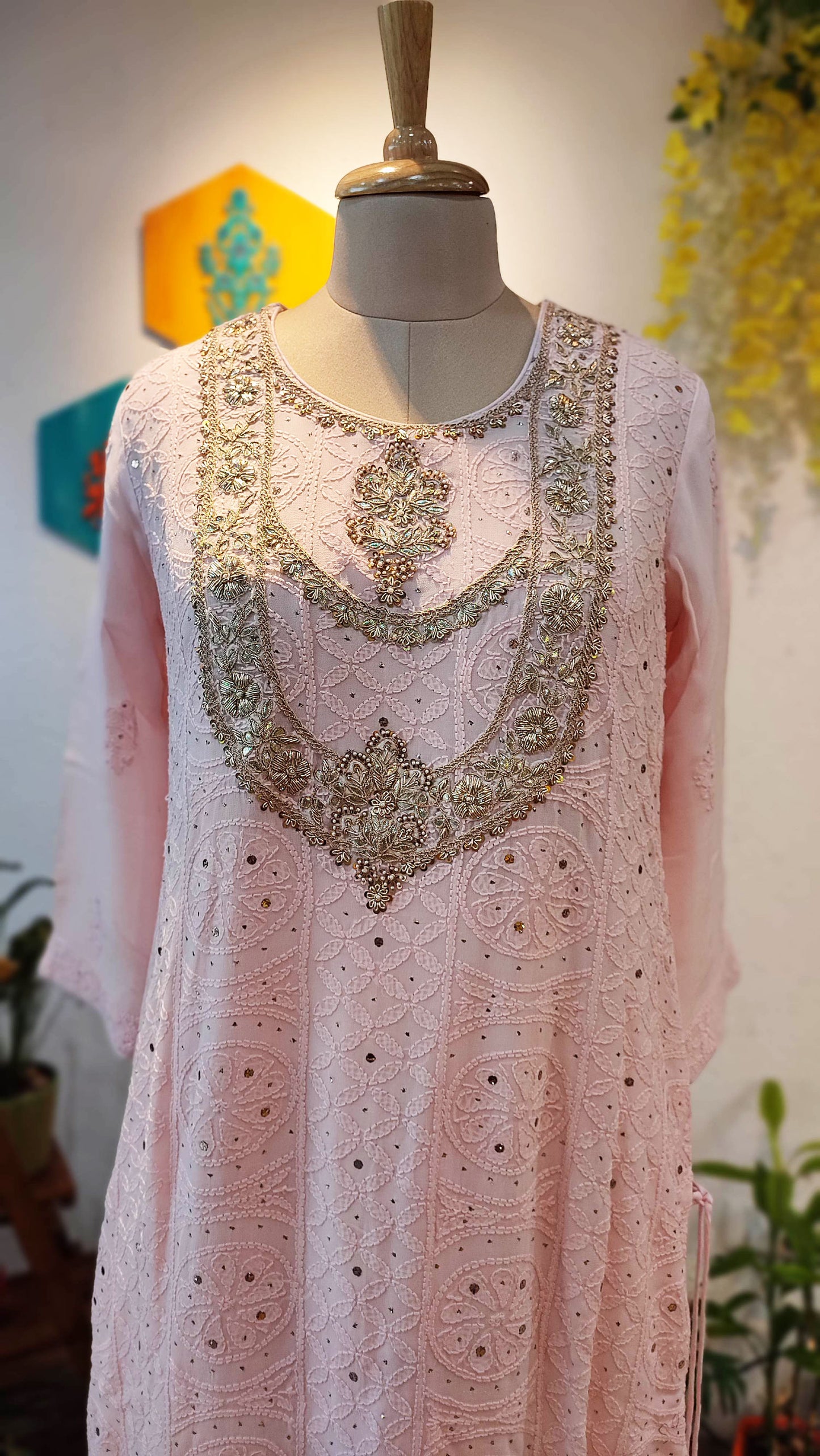 Baby Pink Pure Georgette Lucknowi Suit With Intricate Handwork on Kurta Neckline