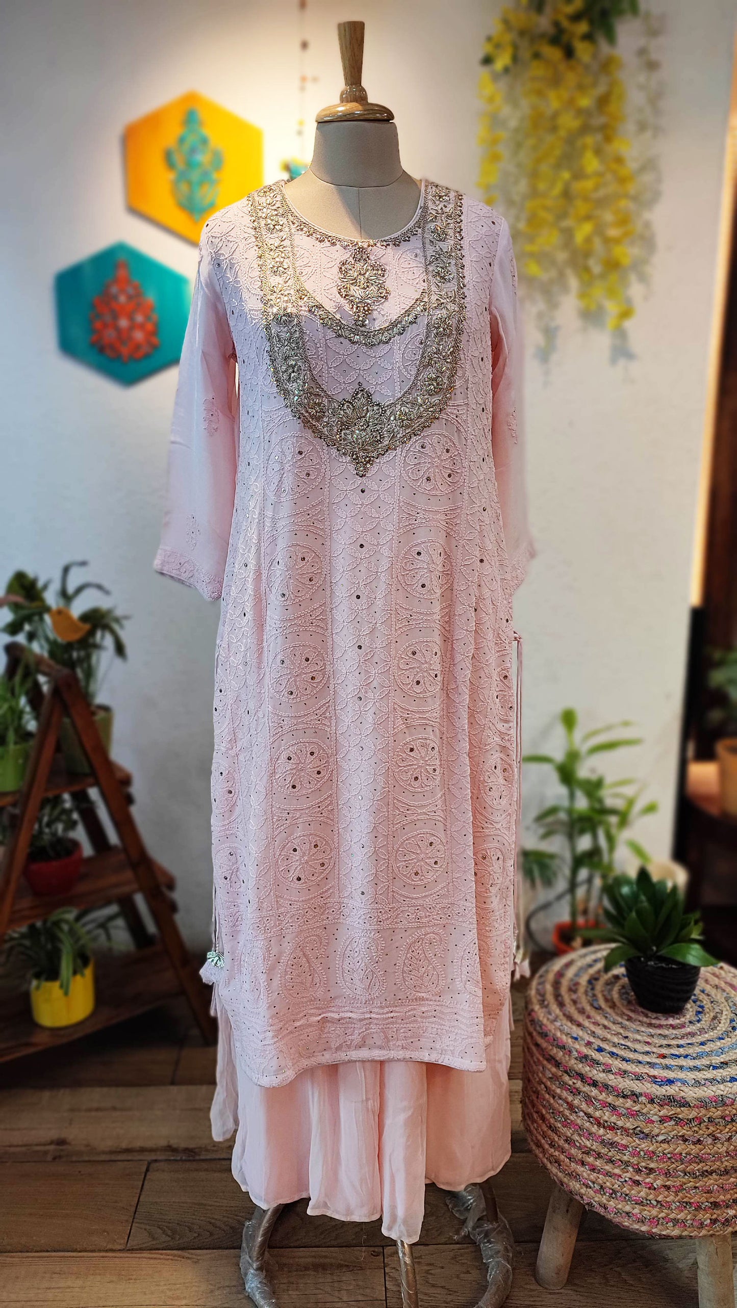 Baby Pink Pure Georgette Lucknowi Suit With Intricate Handwork on Kurta Neckline