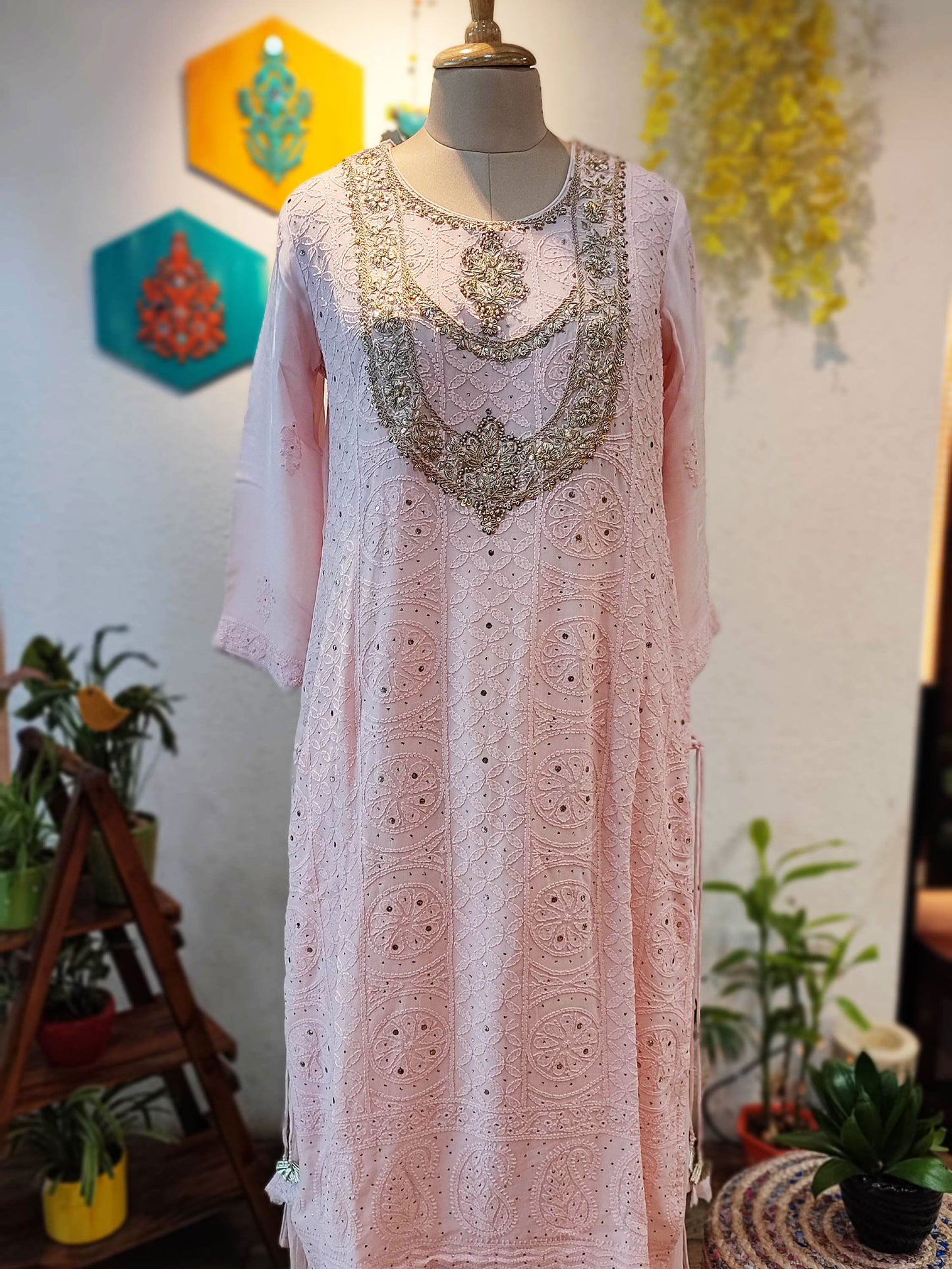 Baby Pink Pure Georgette Lucknowi Suit With Intricate Handwork on Kurta Neckline