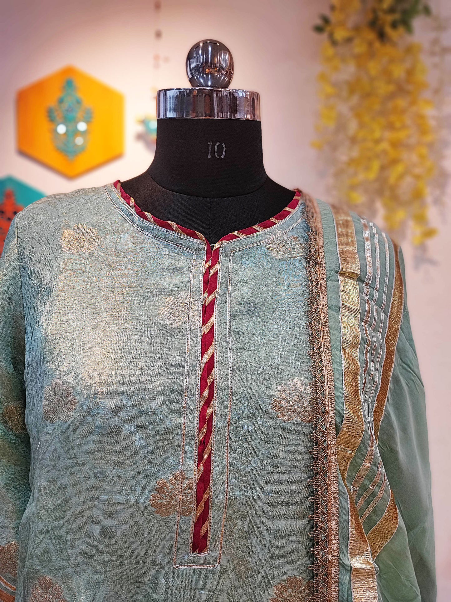 Pista Banarsi Georgette Kurta With Sharara and Dupatta With Gota Work Highlight