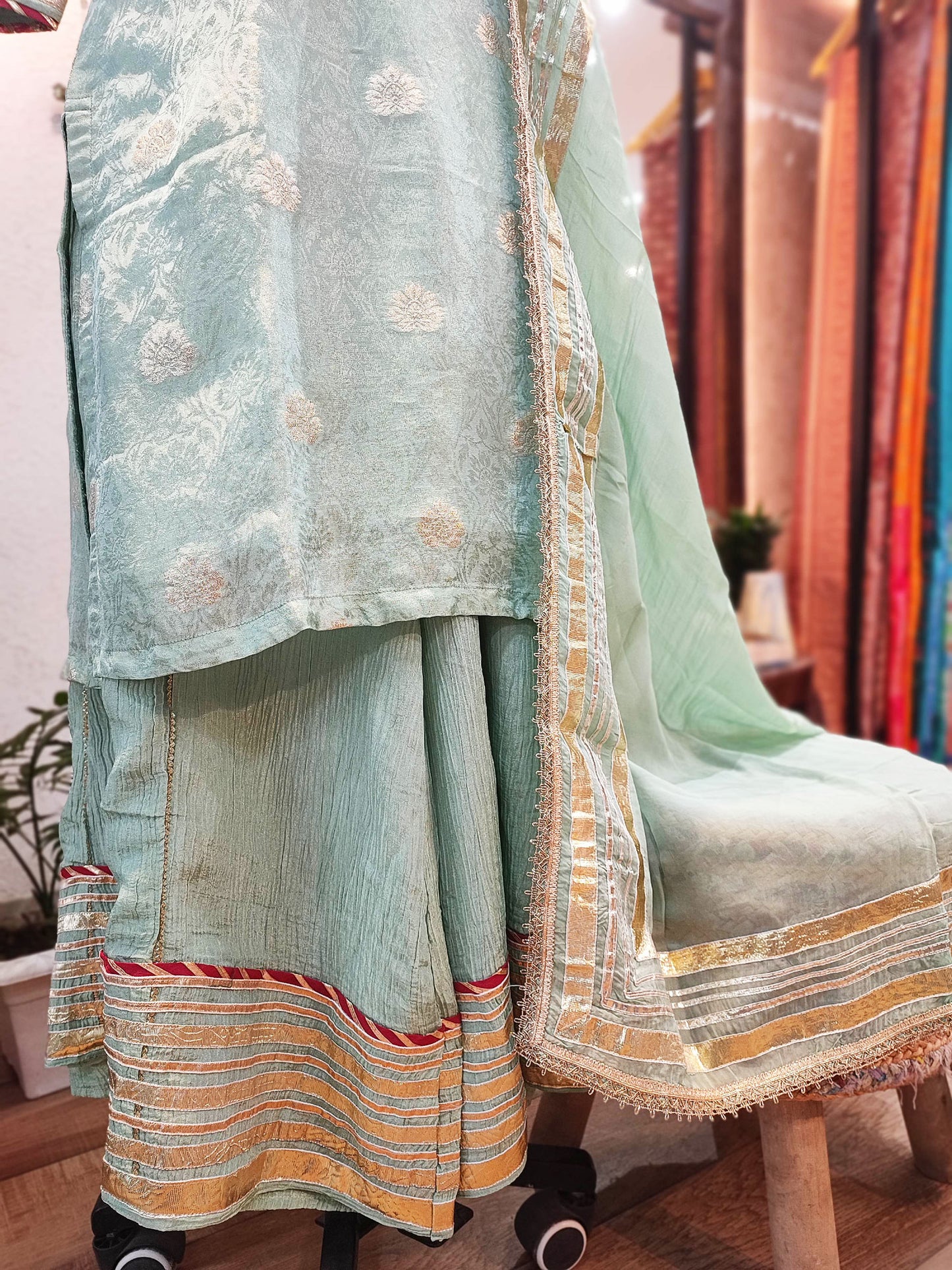 Pista Banarsi Georgette Kurta With Sharara and Dupatta With Gota Work Highlight