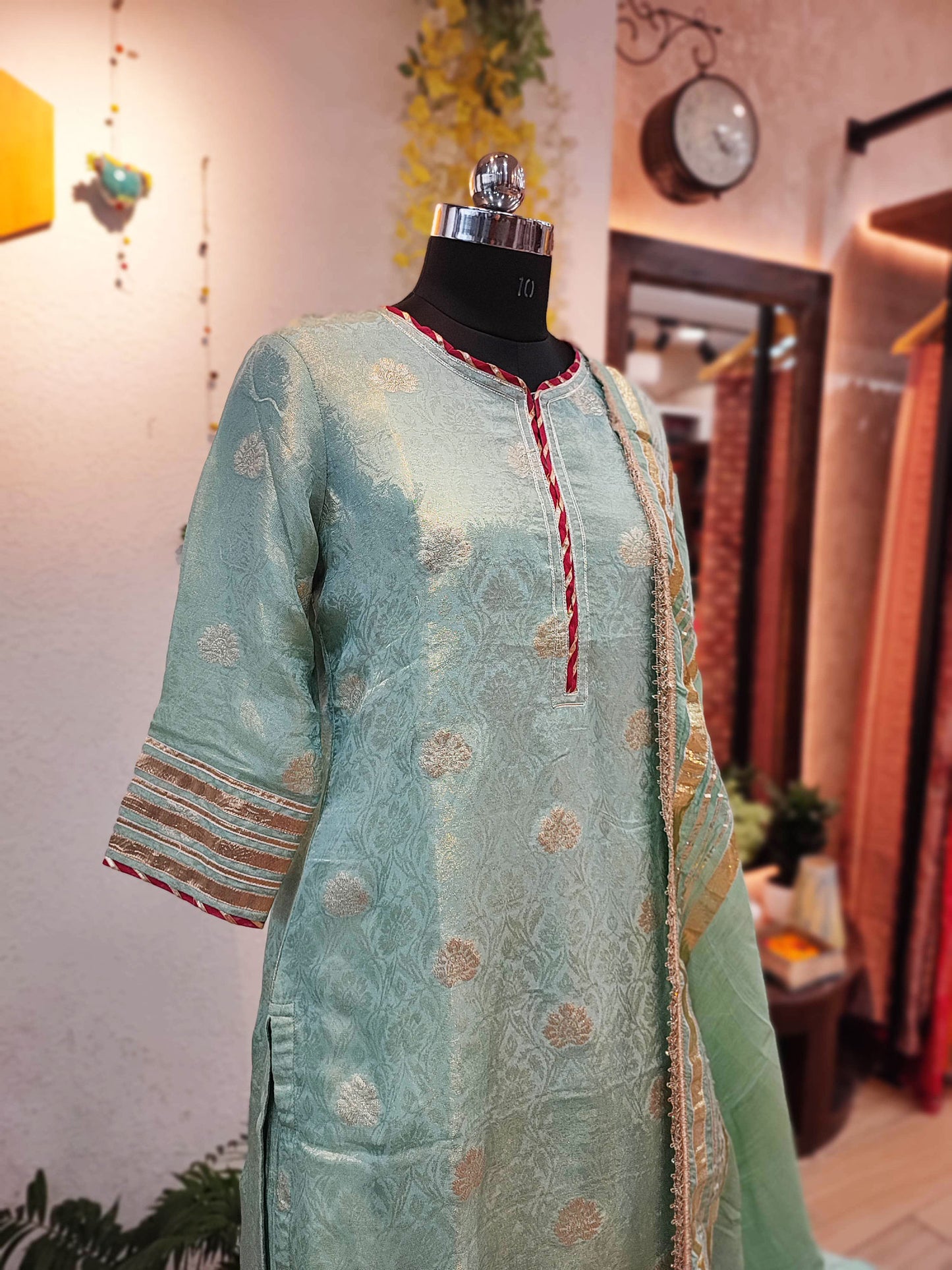 Pista Banarsi Georgette Kurta With Sharara and Dupatta With Gota Work Highlight