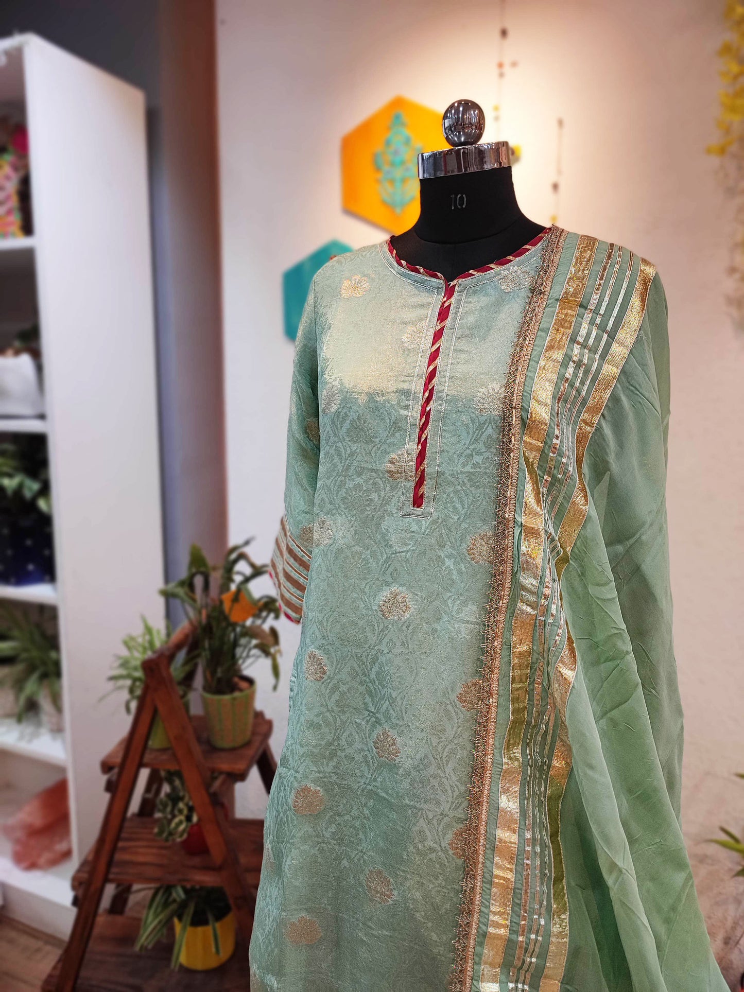 Pista Banarsi Georgette Kurta With Sharara and Dupatta With Gota Work Highlight