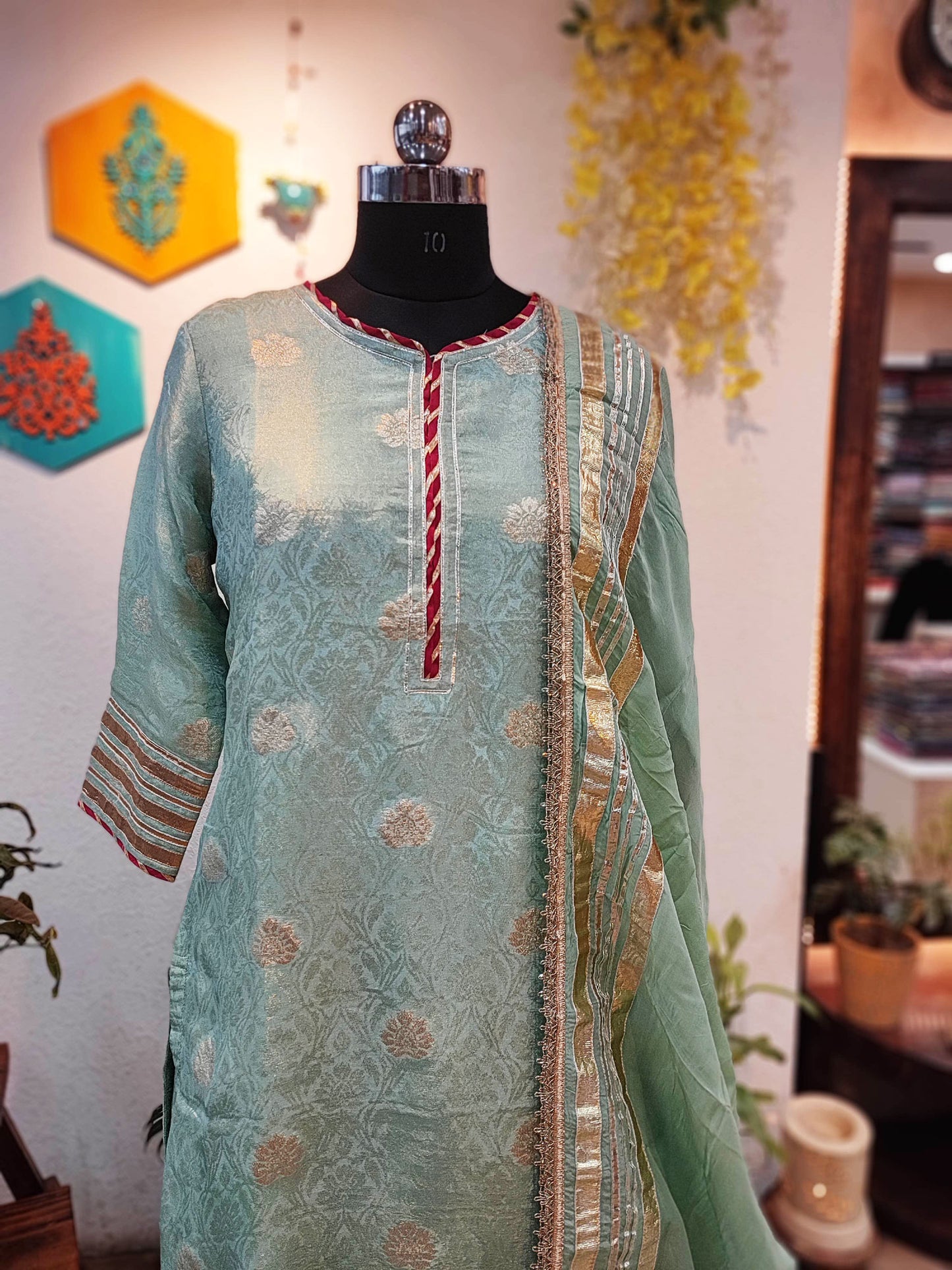 Pista Banarsi Georgette Kurta With Sharara and Dupatta With Gota Work Highlight