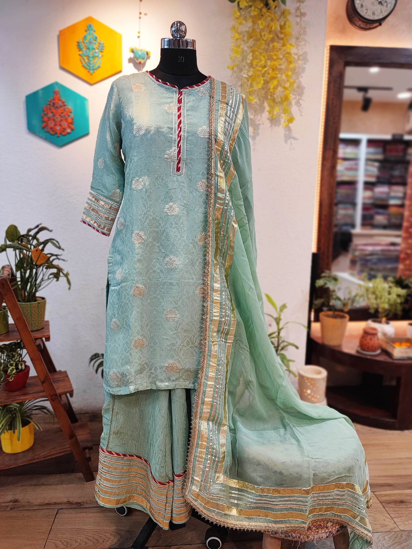 Pista Banarsi Georgette Kurta With Sharara and Dupatta With Gota Work Highlight