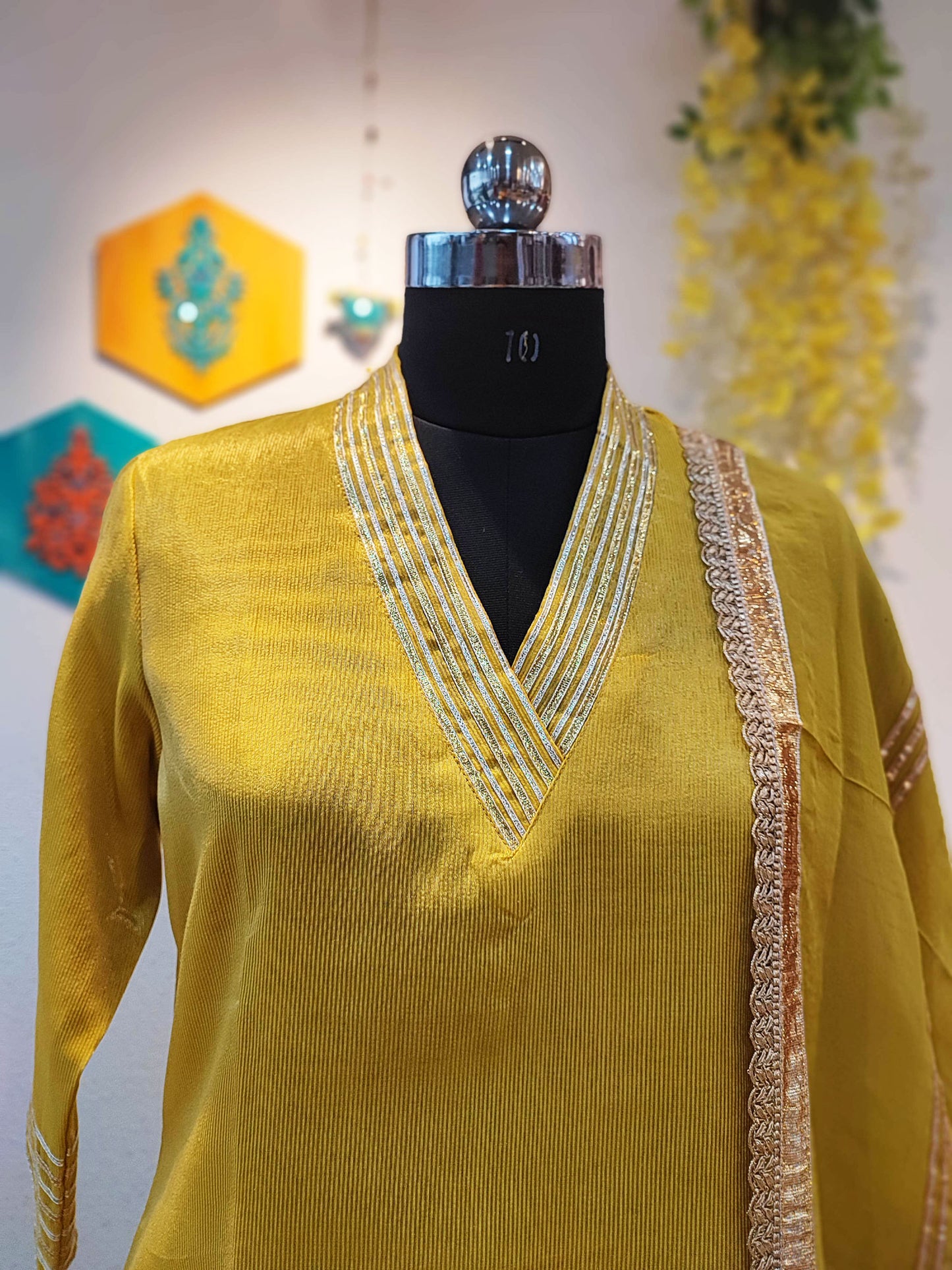 Mustard Yellow Chanderi Tissue Kurta and Dupatta and Mul Chanderi Sharara