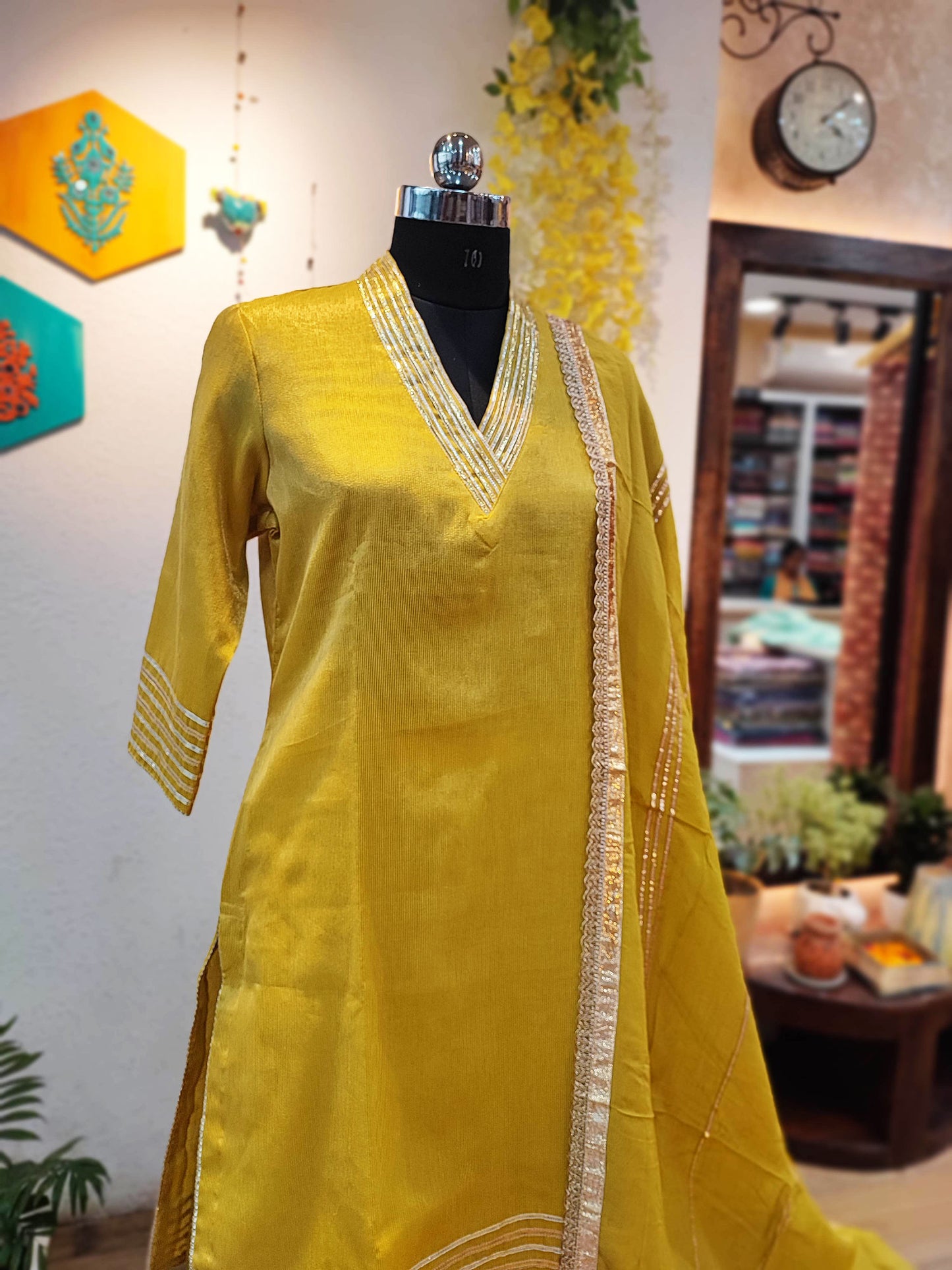 Mustard Yellow Chanderi Tissue Kurta and Dupatta and Mul Chanderi Sharara