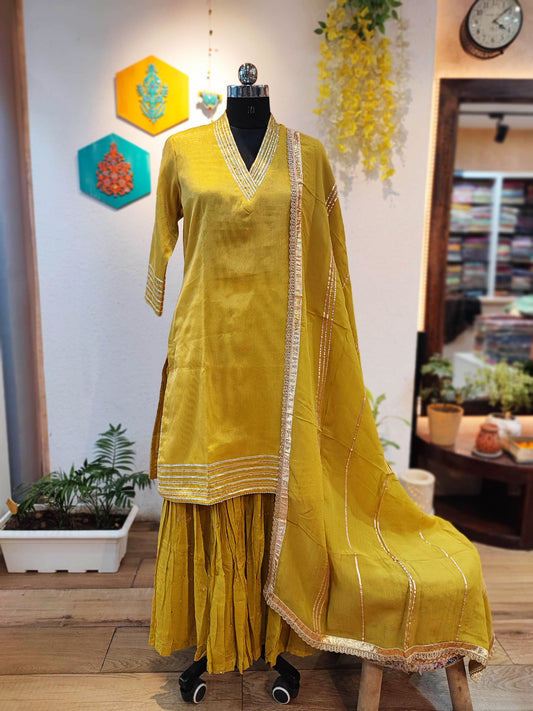 Mustard Yellow Chanderi Tissue Kurta and Dupatta and Mul Chanderi Sharara