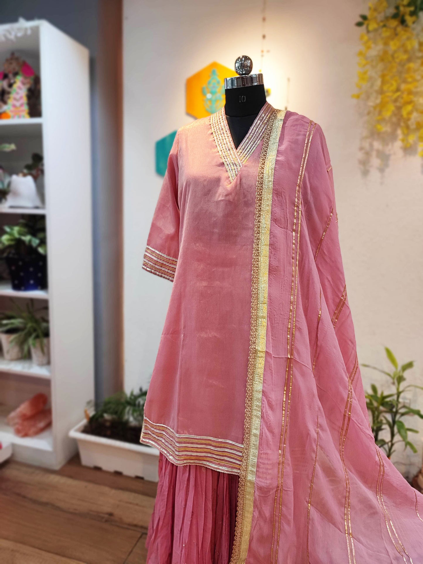 Rogue Pink Chanderi Tissue Kurta and Dupatta and Mul Chanderi Sharara