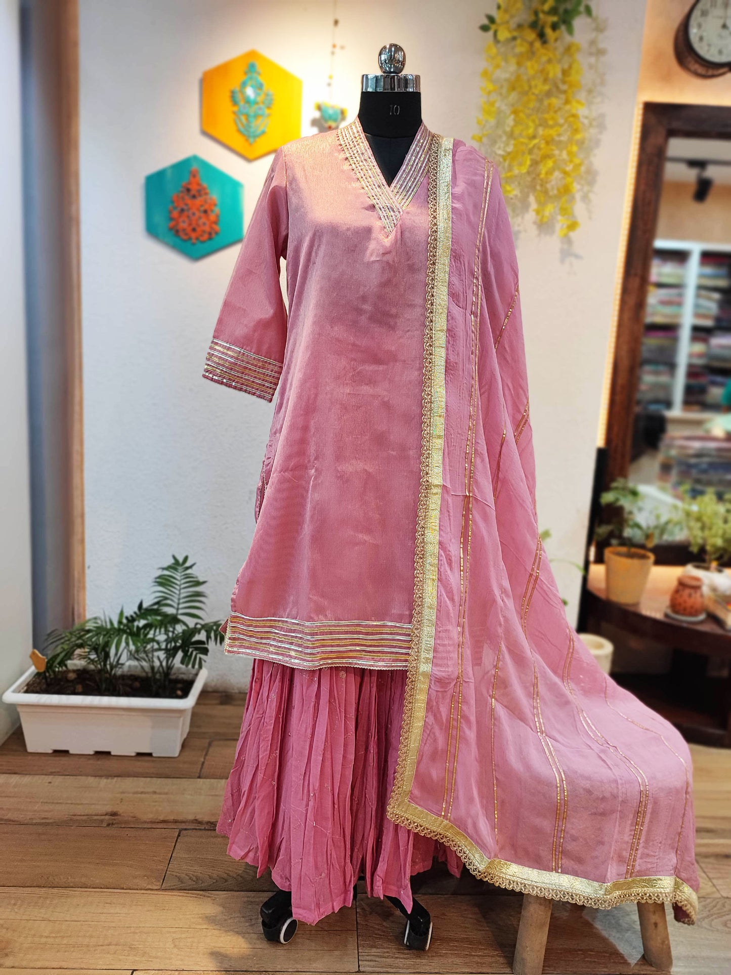 Rogue Pink Chanderi Tissue Kurta and Dupatta and Mul Chanderi Sharara