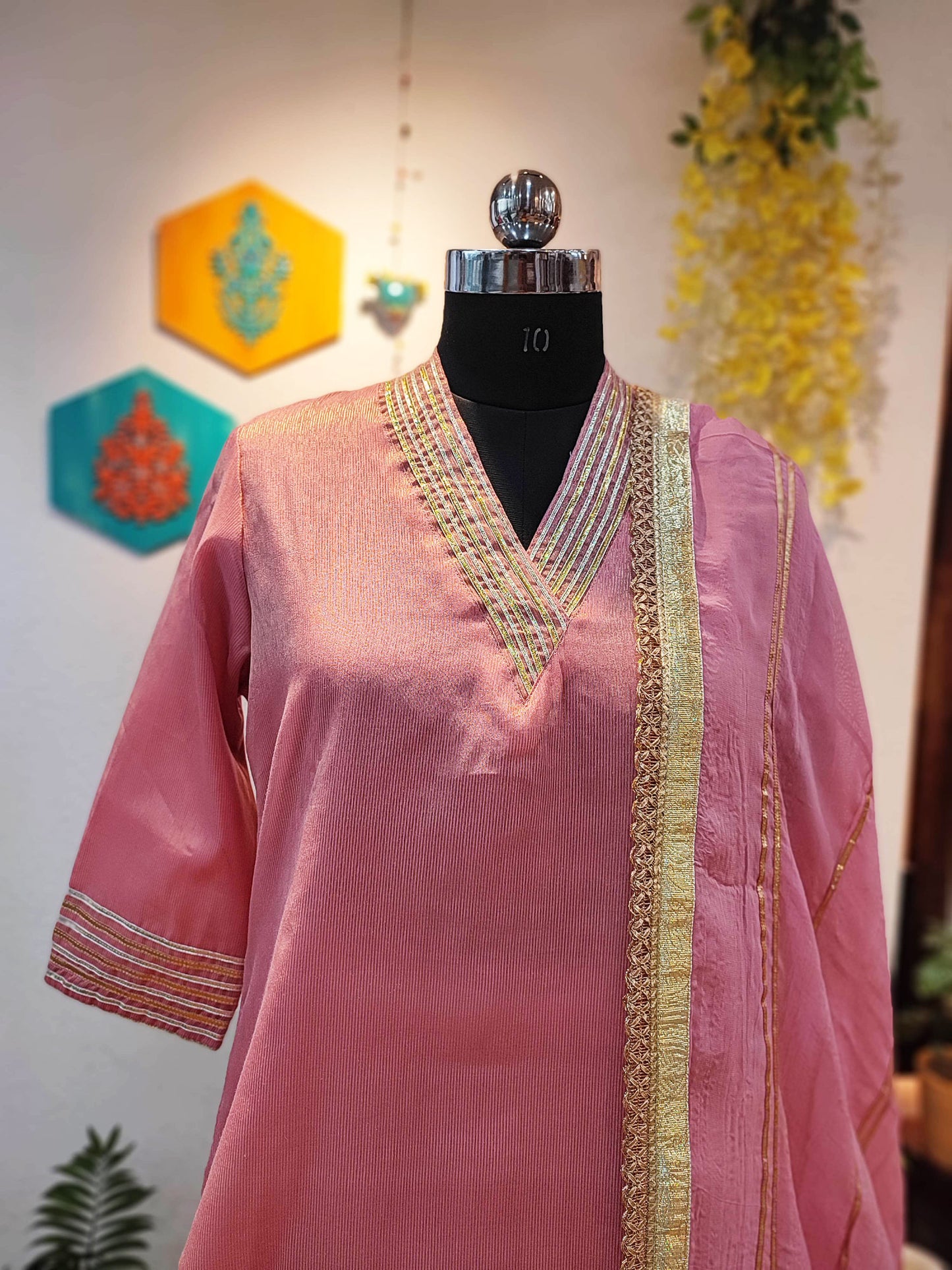 Rogue Pink Chanderi Tissue Kurta and Dupatta and Mul Chanderi Sharara