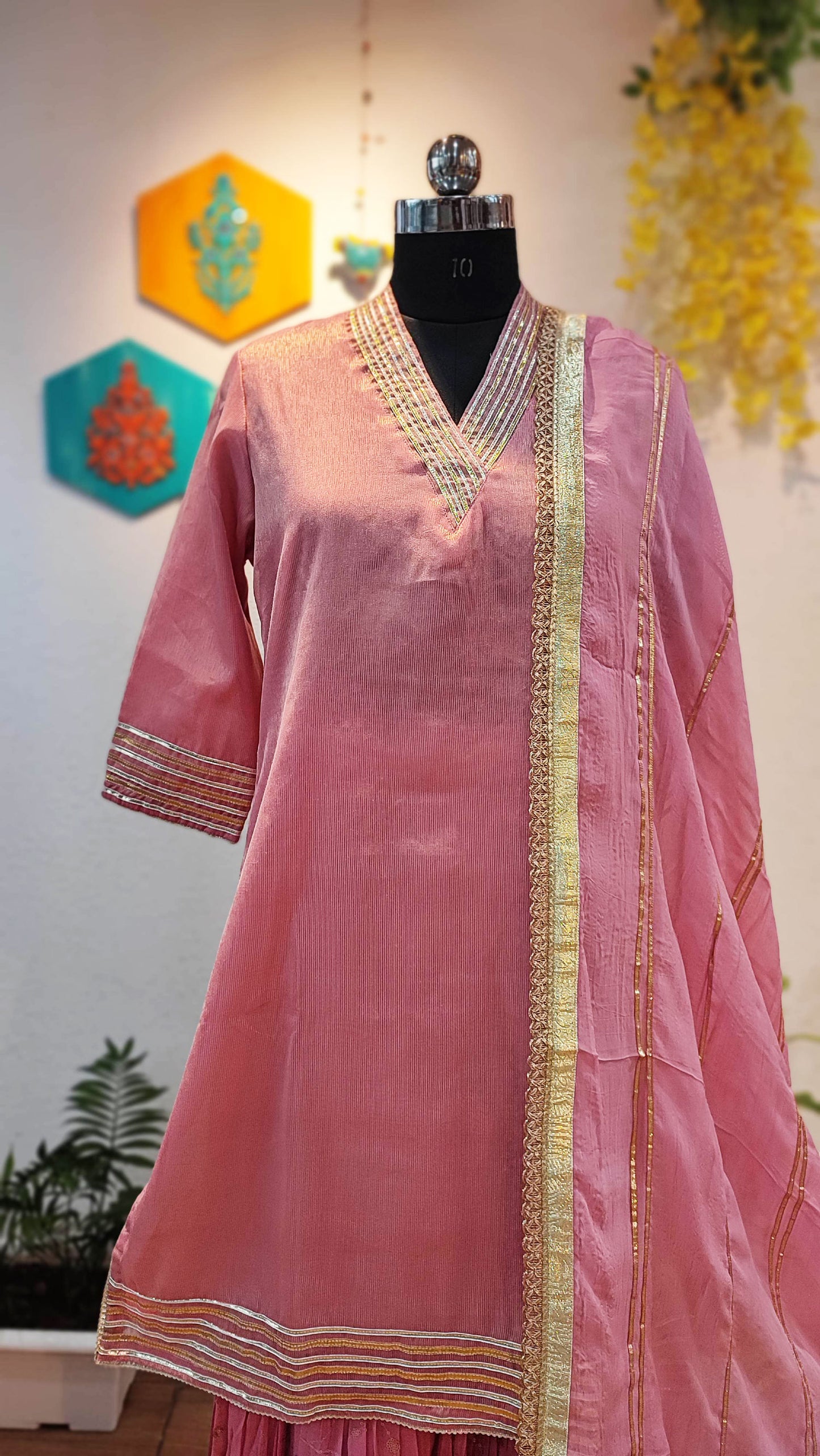 Rogue Pink Chanderi Tissue Kurta and Dupatta and Mul Chanderi Sharara