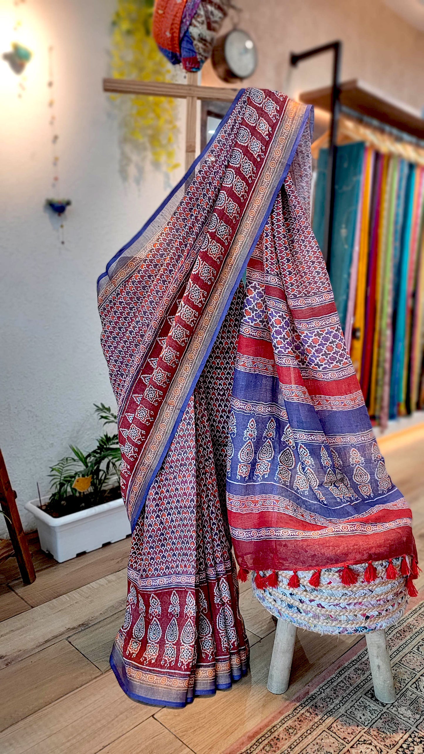 Royal Blue & Red Traditional Print Linen Saree