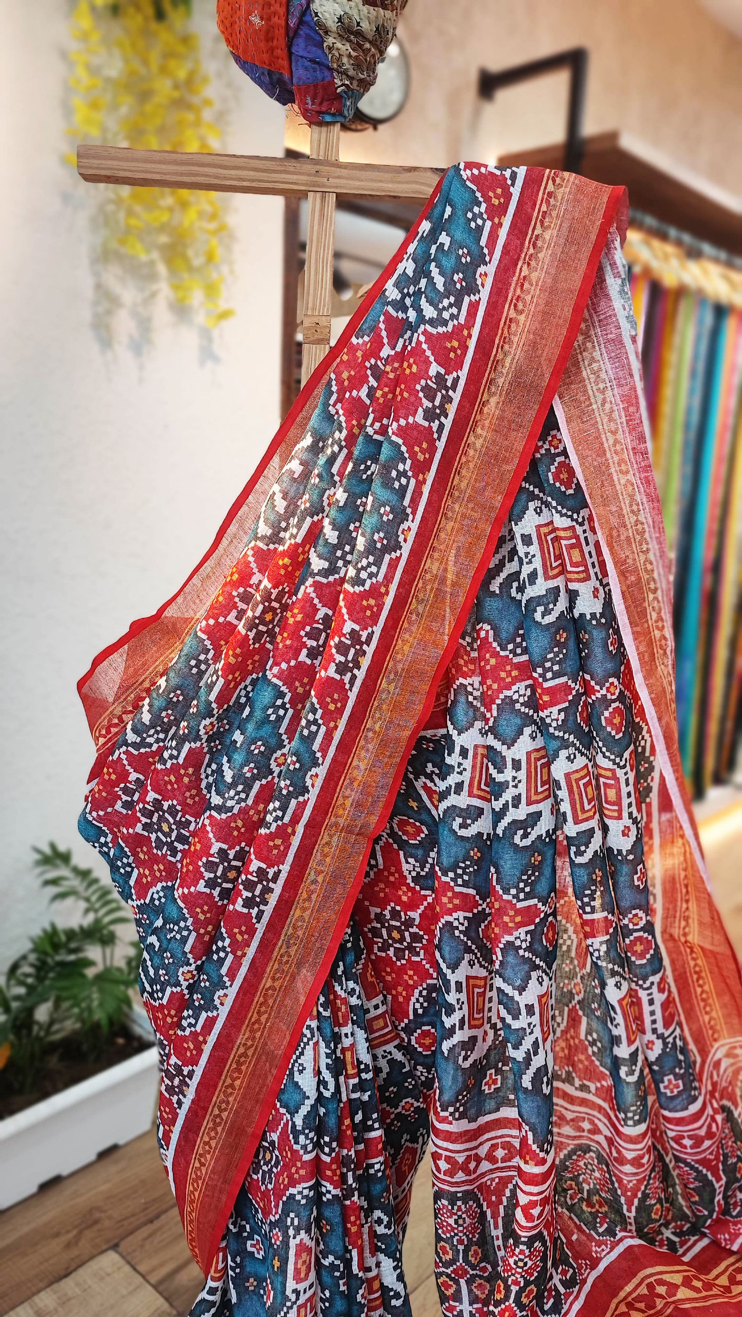 Red, White & Peacock Blue Motif Print Linen Saree