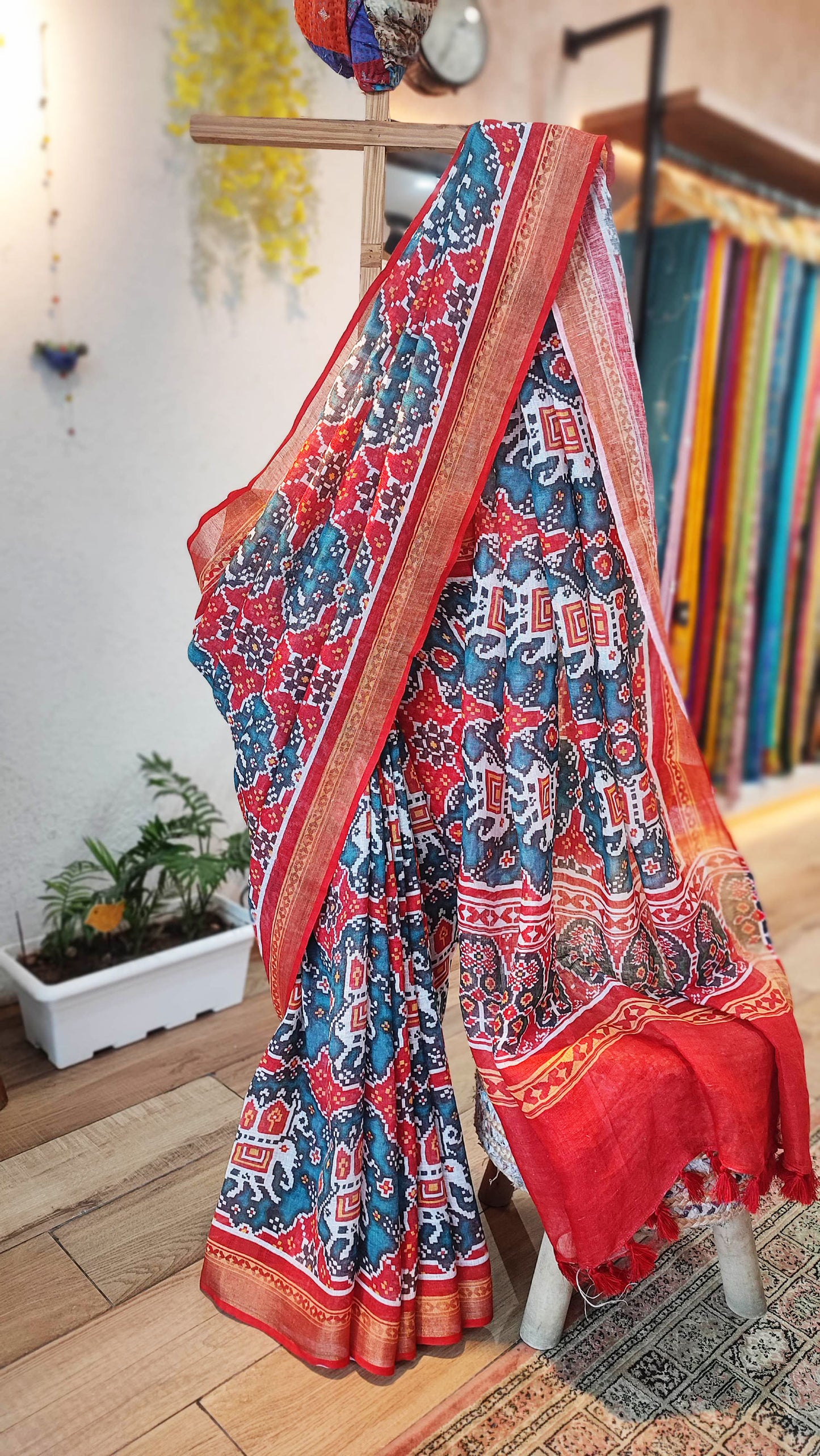 Red, White & Peacock Blue Motif Print Linen Saree