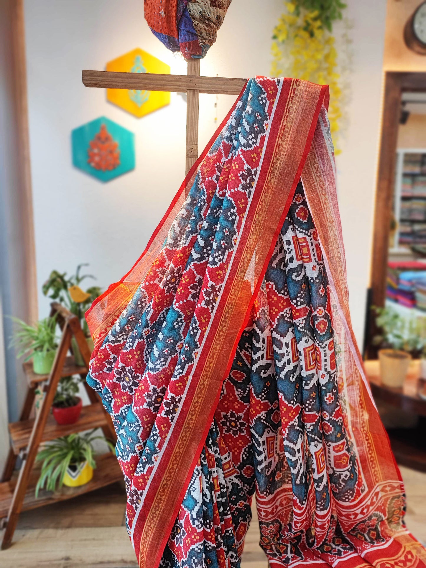 Red, White & Peacock Blue Motif Print Linen Saree