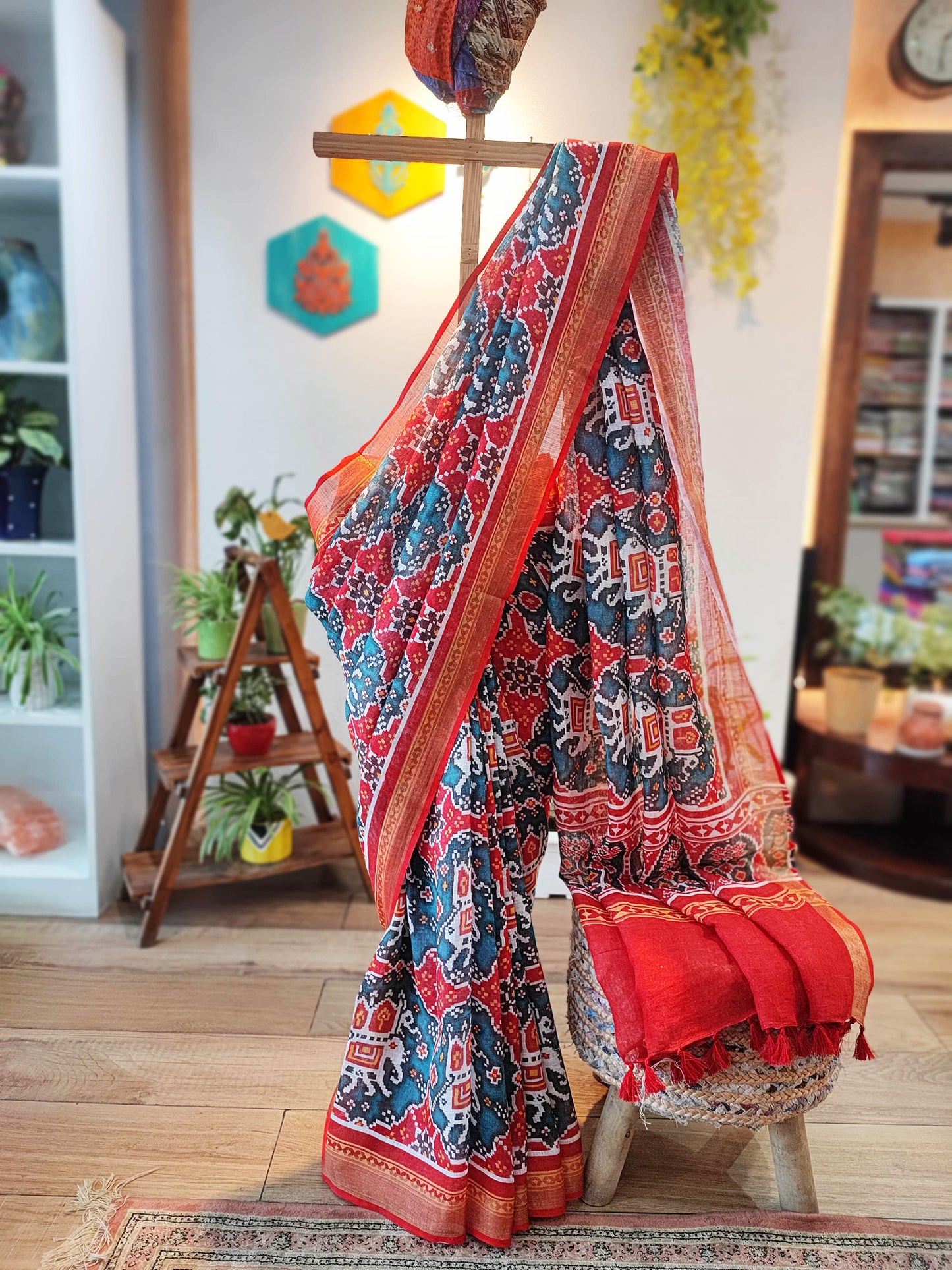 Red, White & Peacock Blue Motif Print Linen Saree