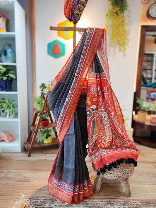 Red & Charcoal Patola Print Linen Saree