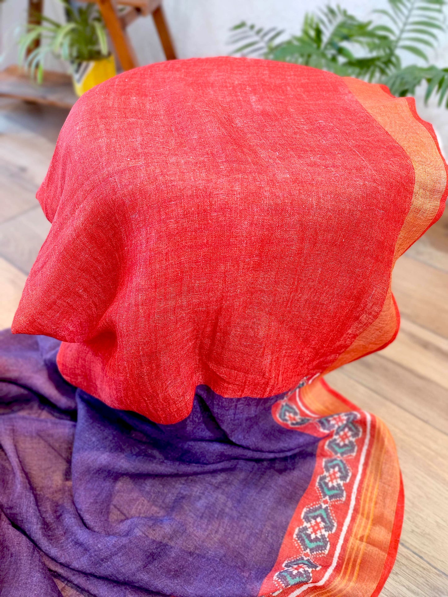 Coral Red & Violet Patola Print Linen Saree