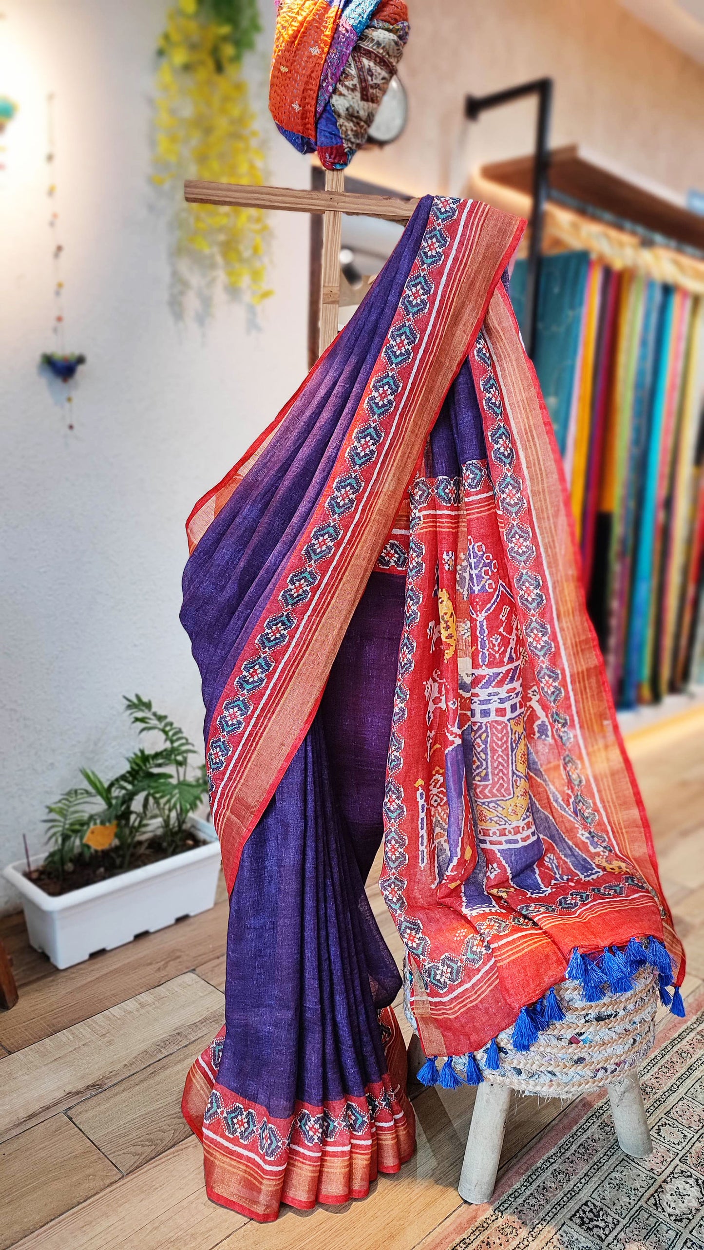 Coral Red & Violet Patola Print Linen Saree