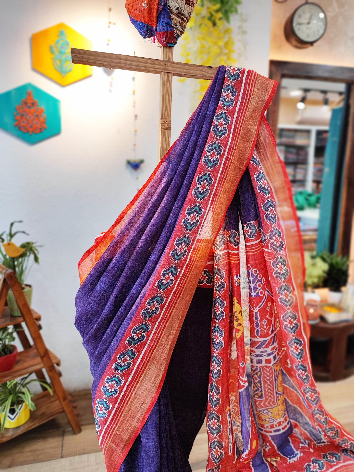 Coral Red & Violet Patola Print Linen Saree