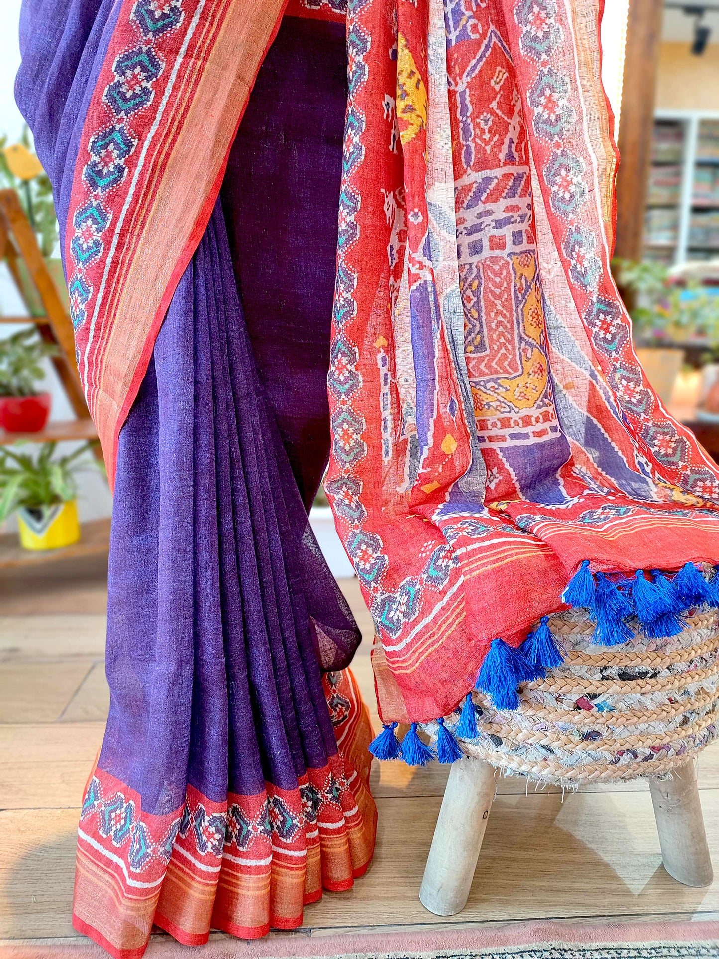 Coral Red & Violet Patola Print Linen Saree