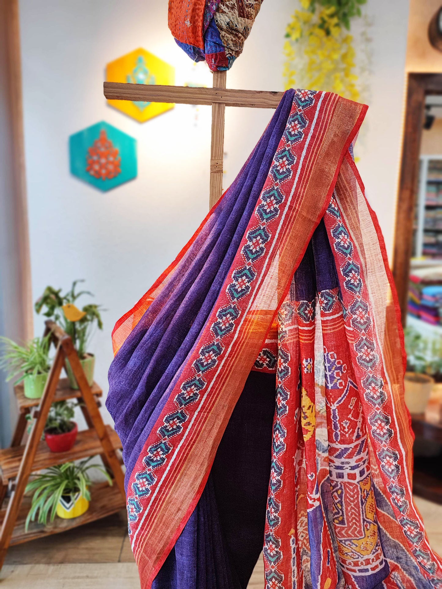 Coral Red & Violet Patola Print Linen Saree