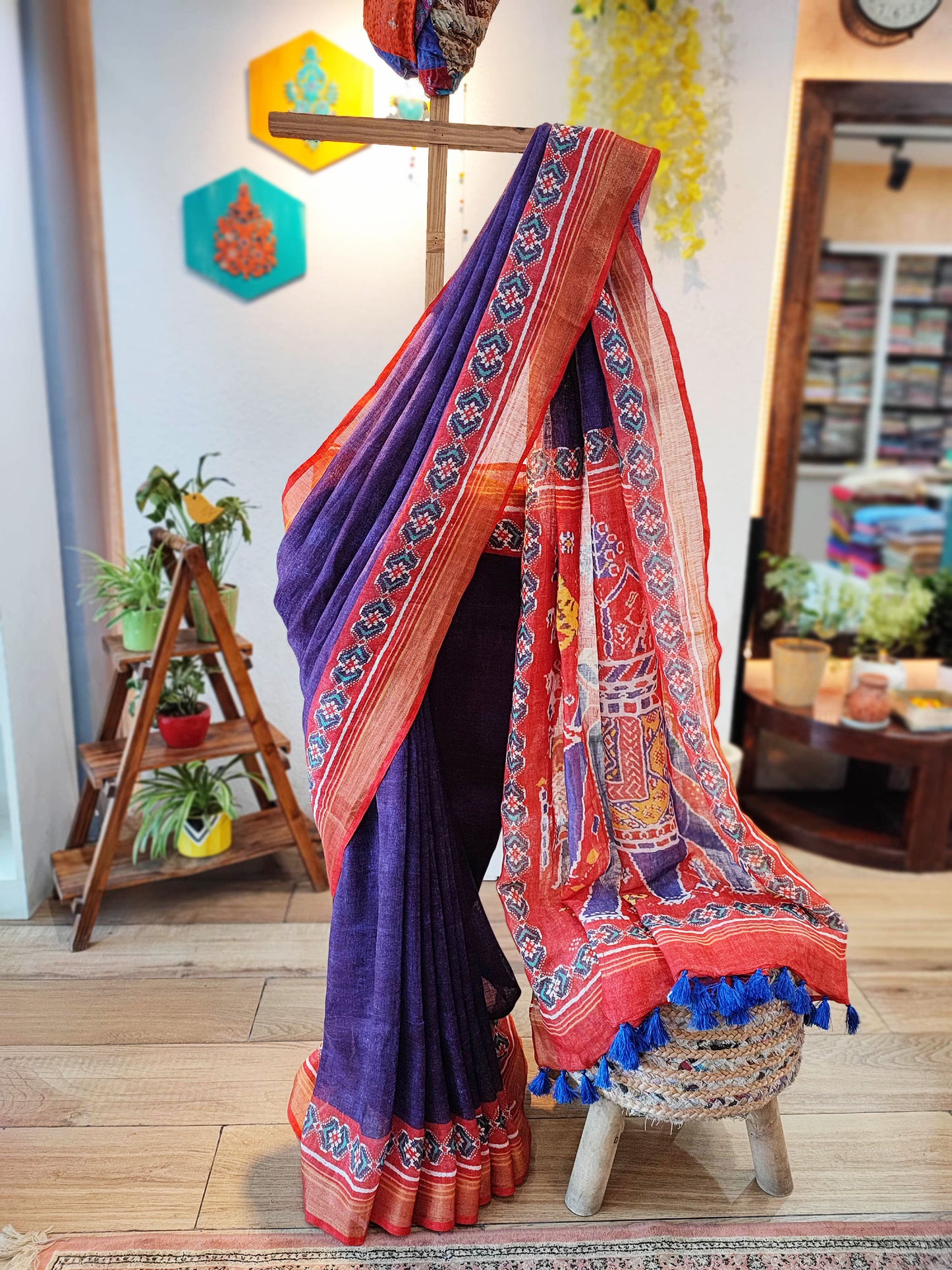 Coral Red & Violet Patola Print Linen Saree