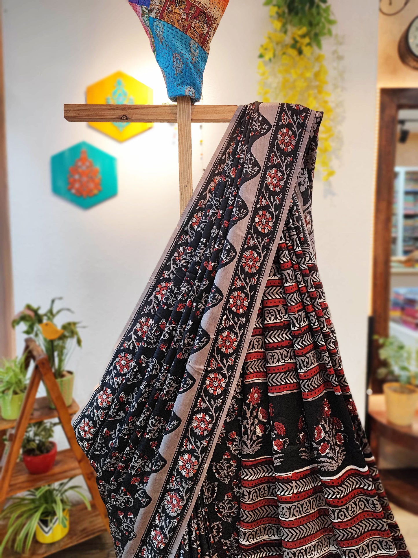 Black, Red & Gray  Satin Handblock Printed Saree With Running Blouse