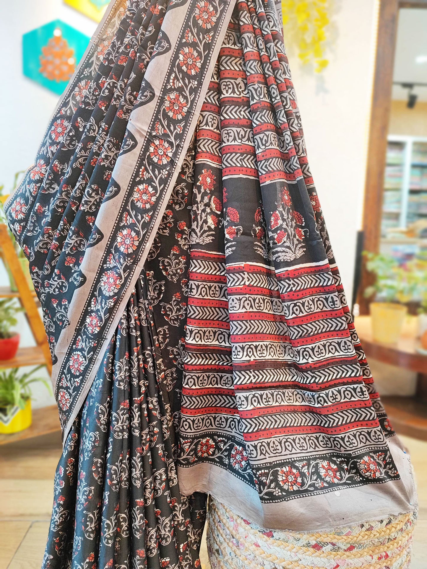 Black, Red & Gray  Satin Handblock Printed Saree With Running Blouse