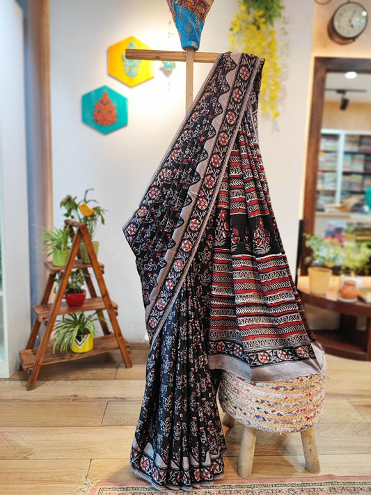 Black, Red & Gray  Satin Handblock Printed Saree With Running Blouse