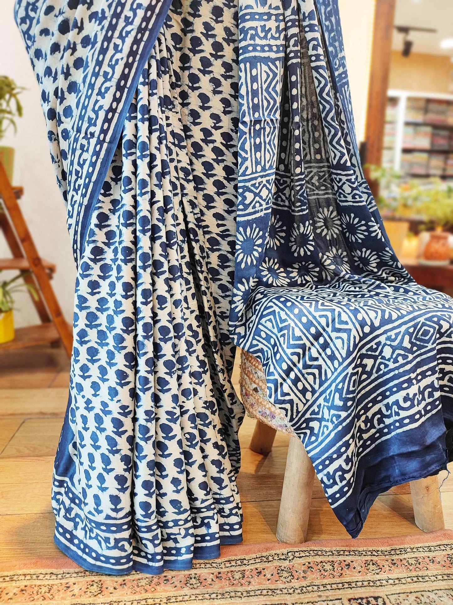 White & Navy Blue Satin Handblock Printed Saree With Running Blouse