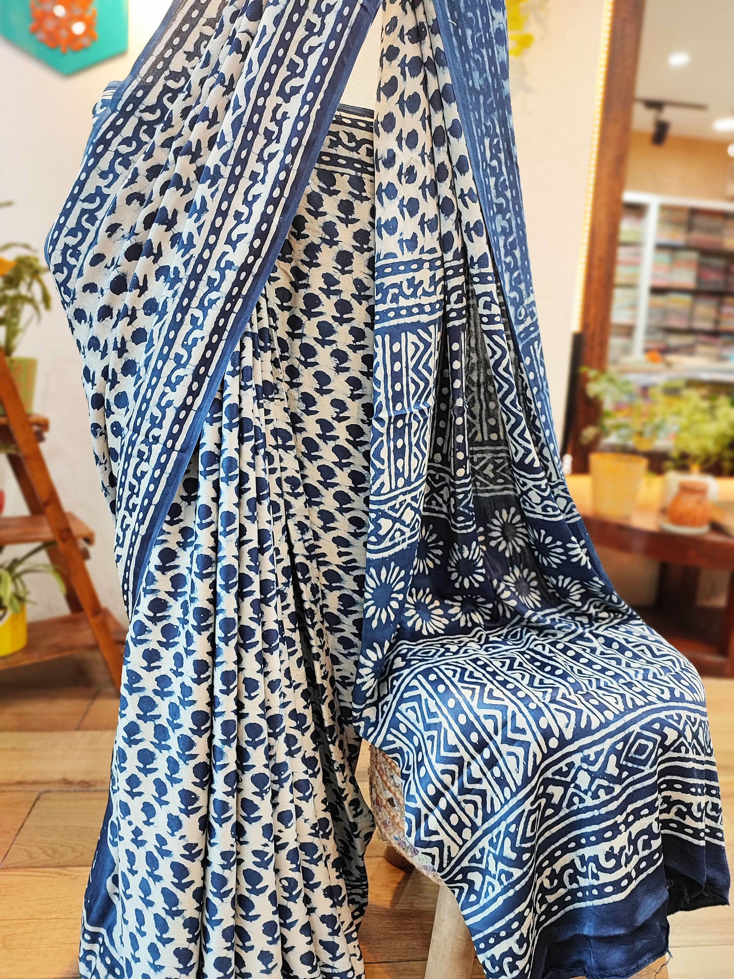 White & Navy Blue Satin Handblock Printed Saree With Running Blouse