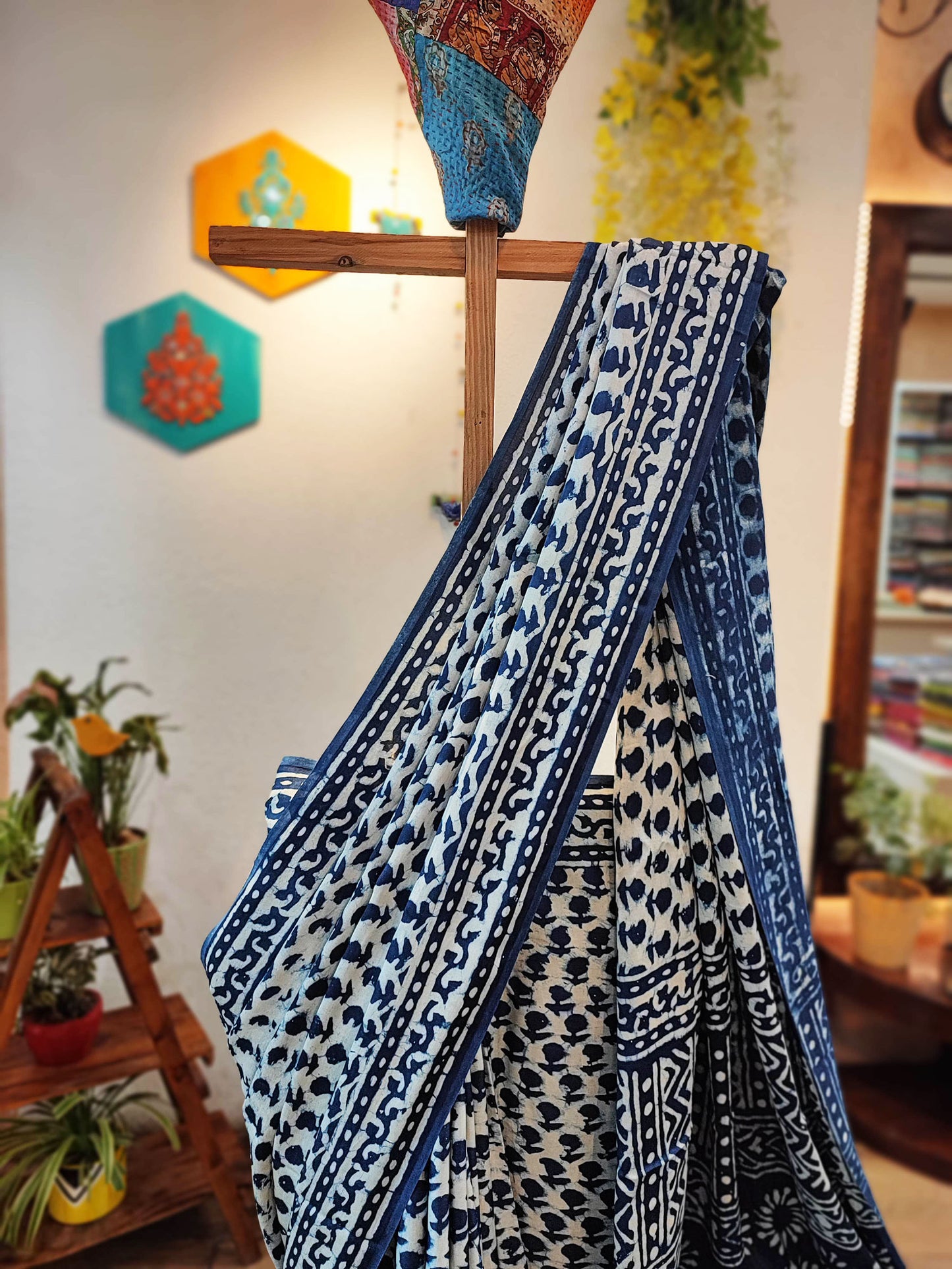 White & Navy Blue Satin Handblock Printed Saree With Running Blouse