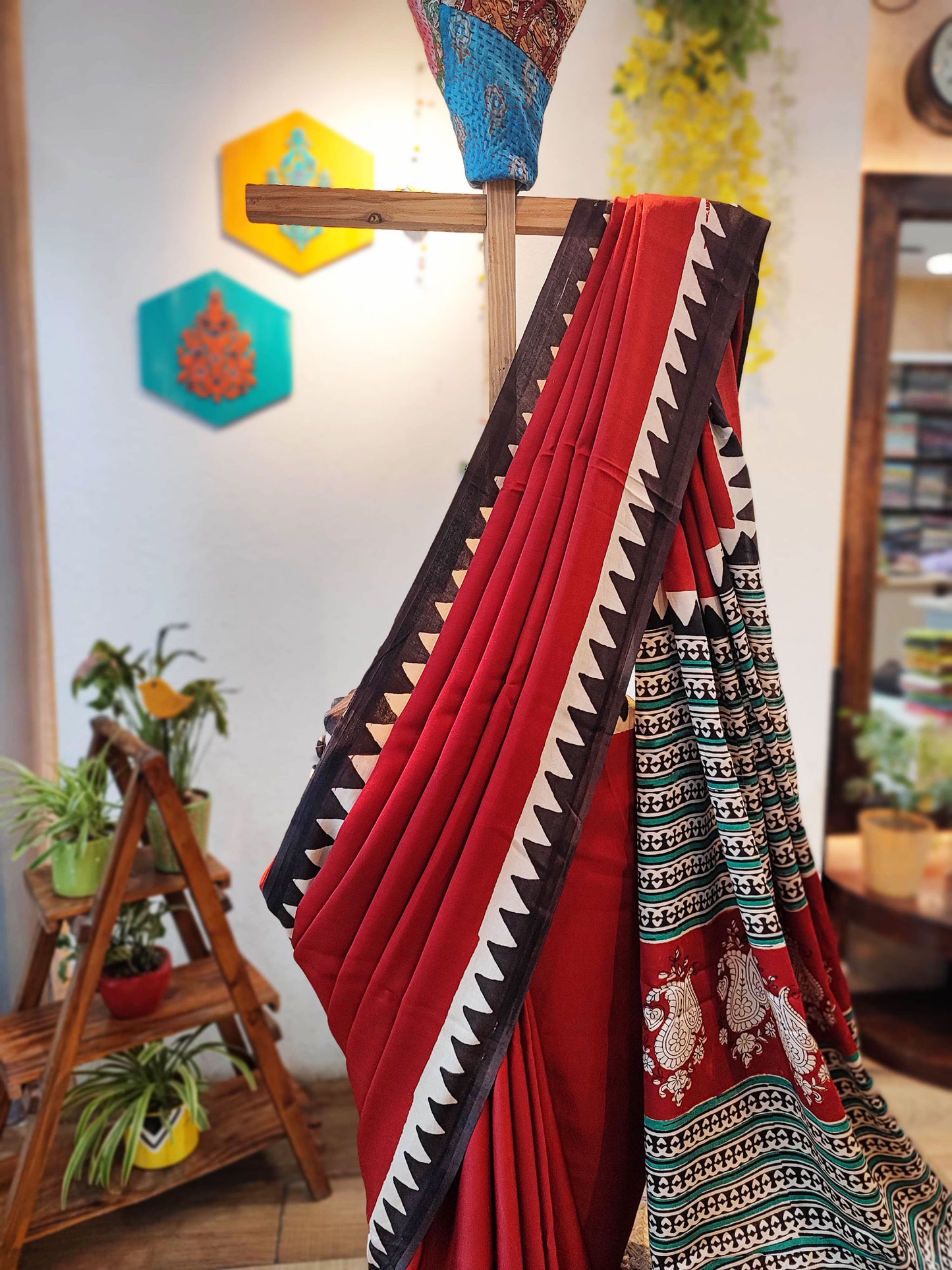 Red & Black Modal Satin Handblock Printed Saree With Running Blouse