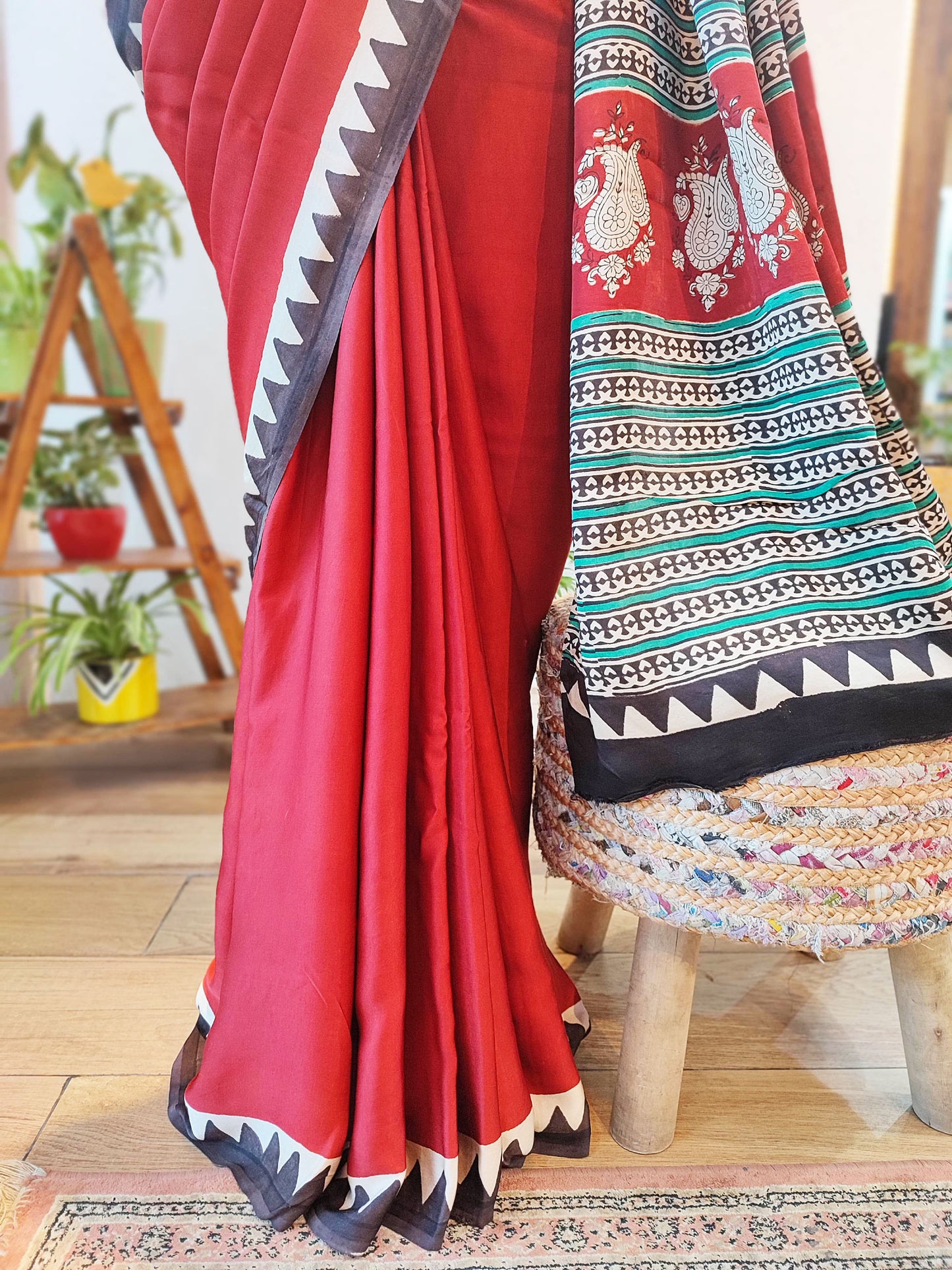 Red & Black Modal Satin Handblock Printed Saree With Running Blouse